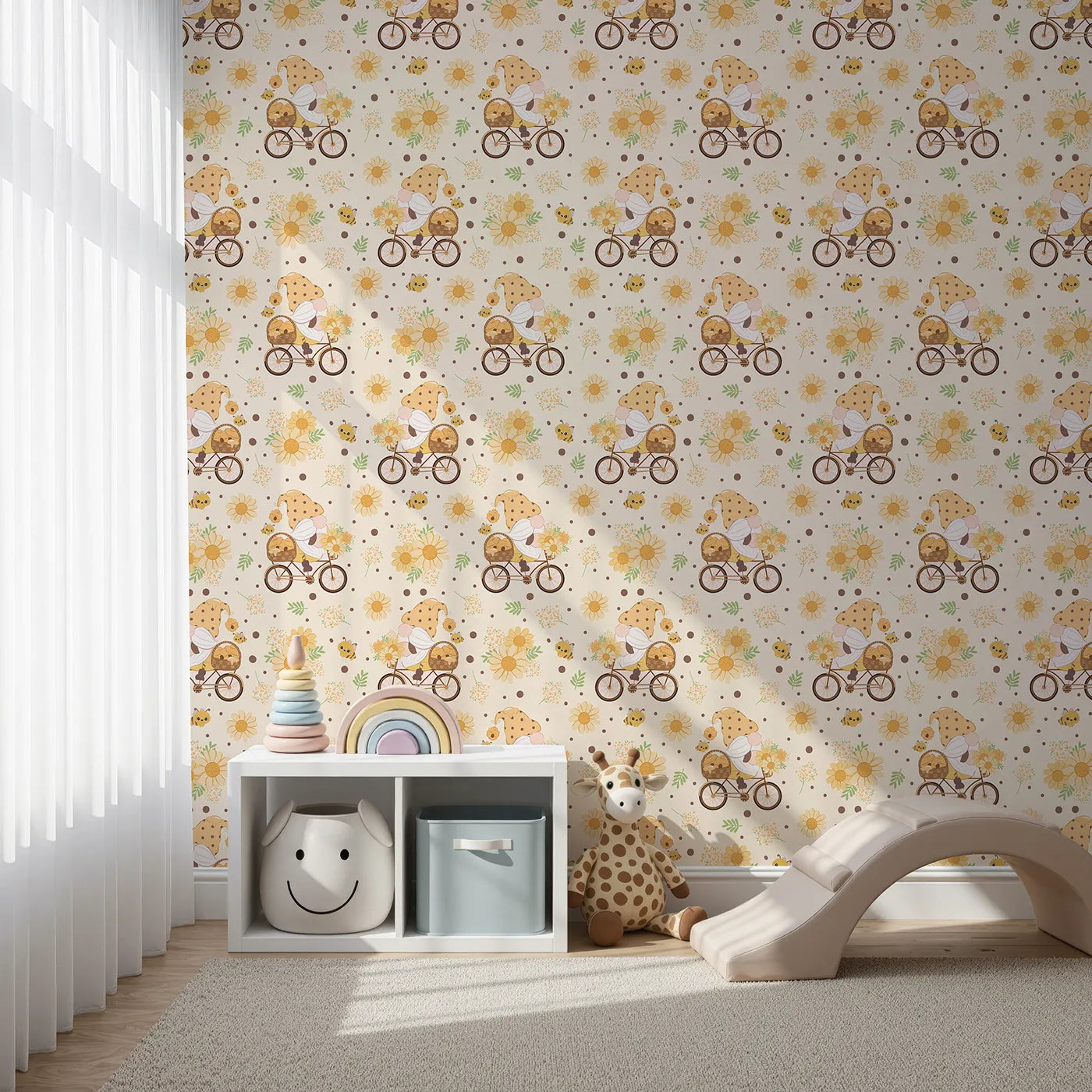 Front view of Whimsy Tots' Honeybee Gnome Parade Wallpaper in Vanilla Cream
