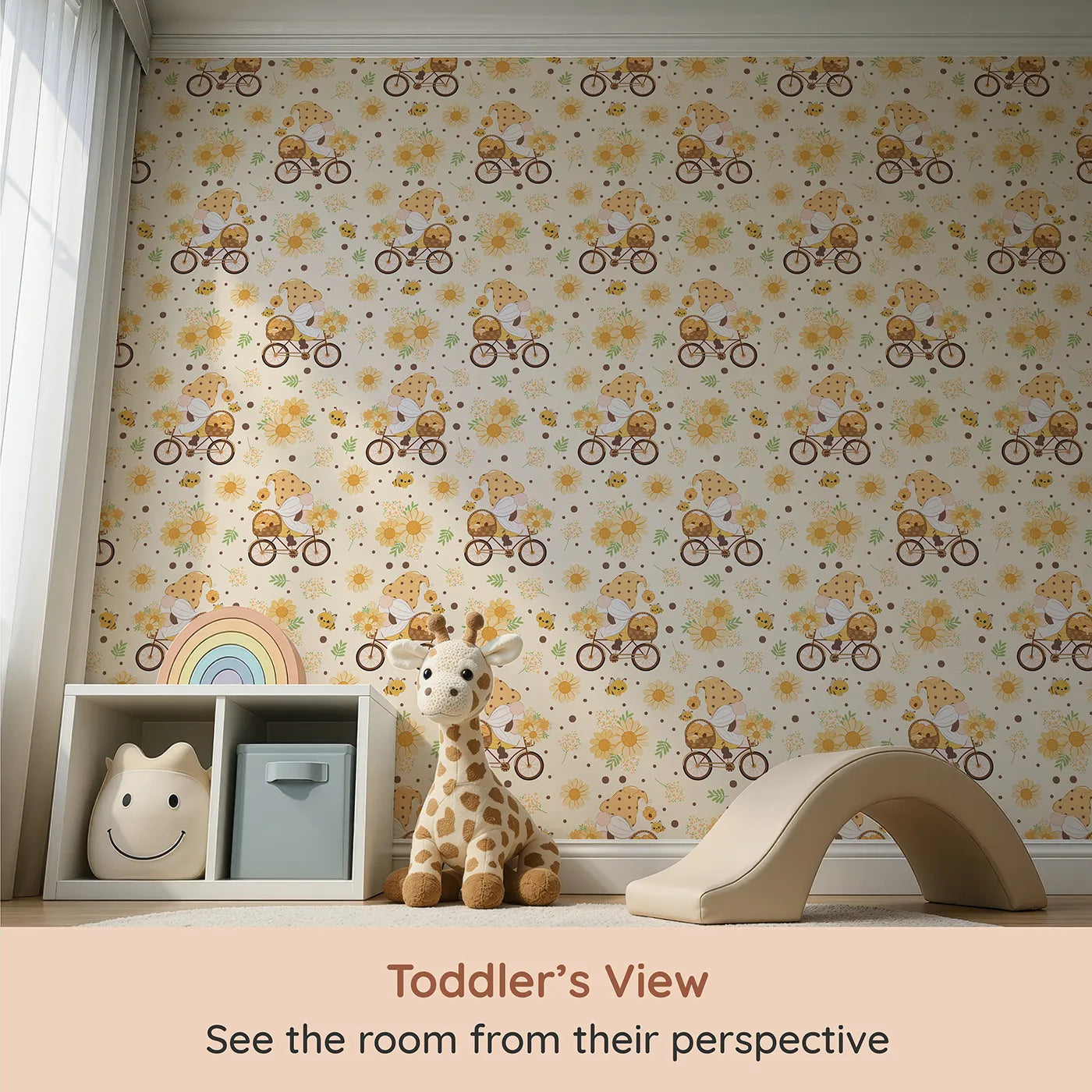 Whimsy Tots Honeybee Gnome Parade Wallpaper in Vanilla Cream (W3097B) from your child's view.A honey-loving gnome bikes through soft florals and buzzing bees on a warm cream canvas.
