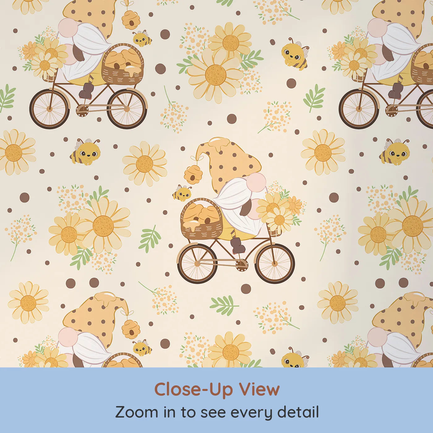 Close-up view of Whimsy Tots' Honeybee Gnome Parade Wallpaper in Vanilla Cream (W3097B).A honey-loving gnome bikes through soft florals and buzzing bees on a warm cream canvas.