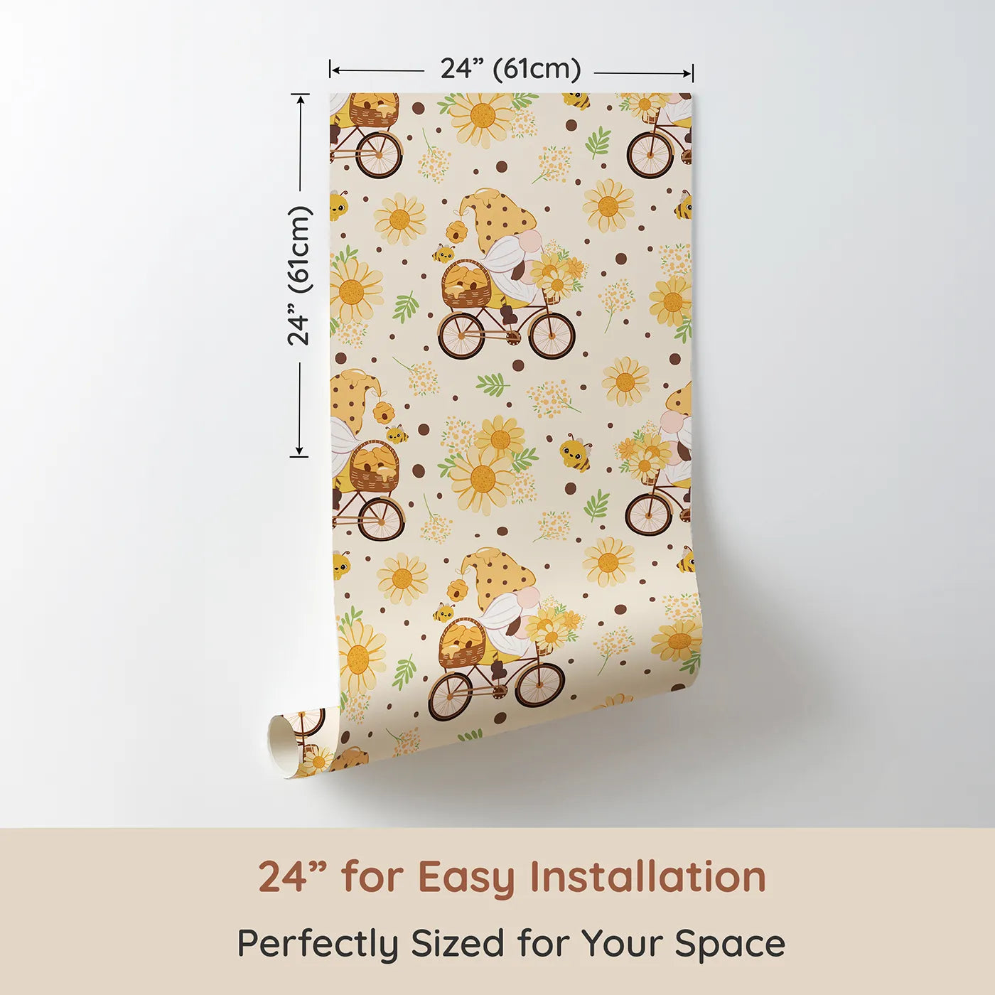 Dimension view of Whimsy Tots Honeybee Gnome Parade Wallpaper in Vanilla Cream (W3097B). Printed in 24-inch-wide panel for easy installation. A honey-loving gnome bikes through soft florals and buzzing bees on a warm cream canvas.