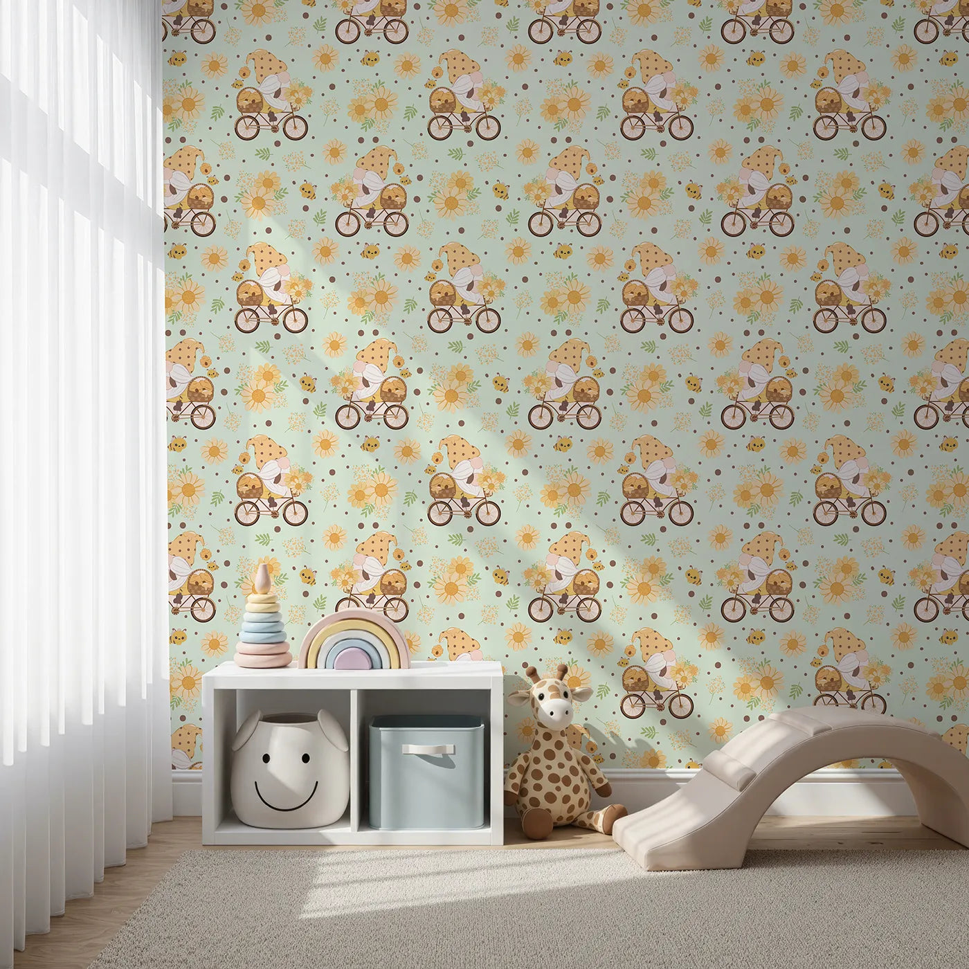 Front view of Whimsy Tots' Honeybee Gnome Parade Wallpaper in Mint Meadow Green