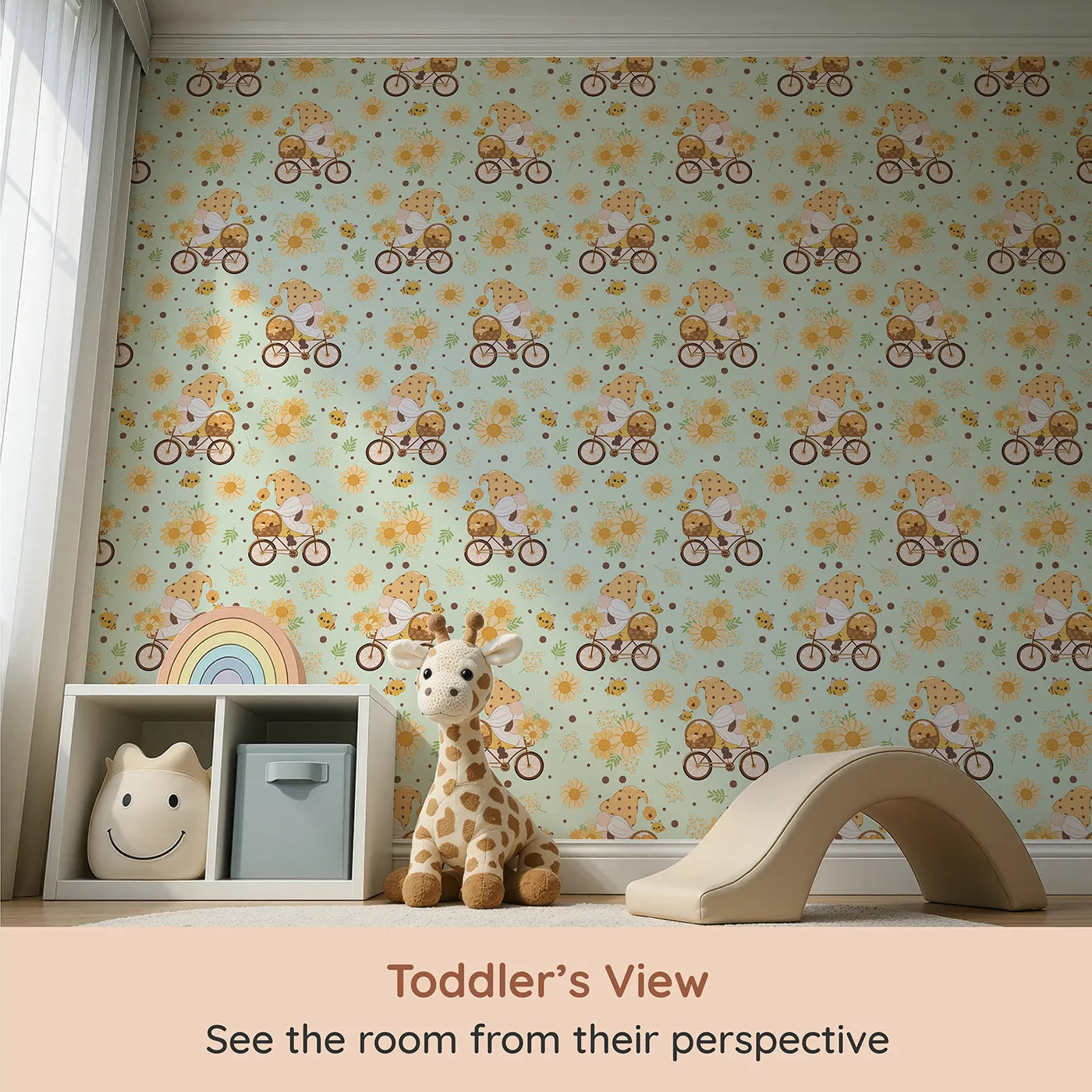 Whimsy Tots Honeybee Gnome Parade Wallpaper in Mint Meadow Green (W3097C) from your child's view.A happy gnome cruises through minty meadows with bees, blossoms, and buckets of honey.