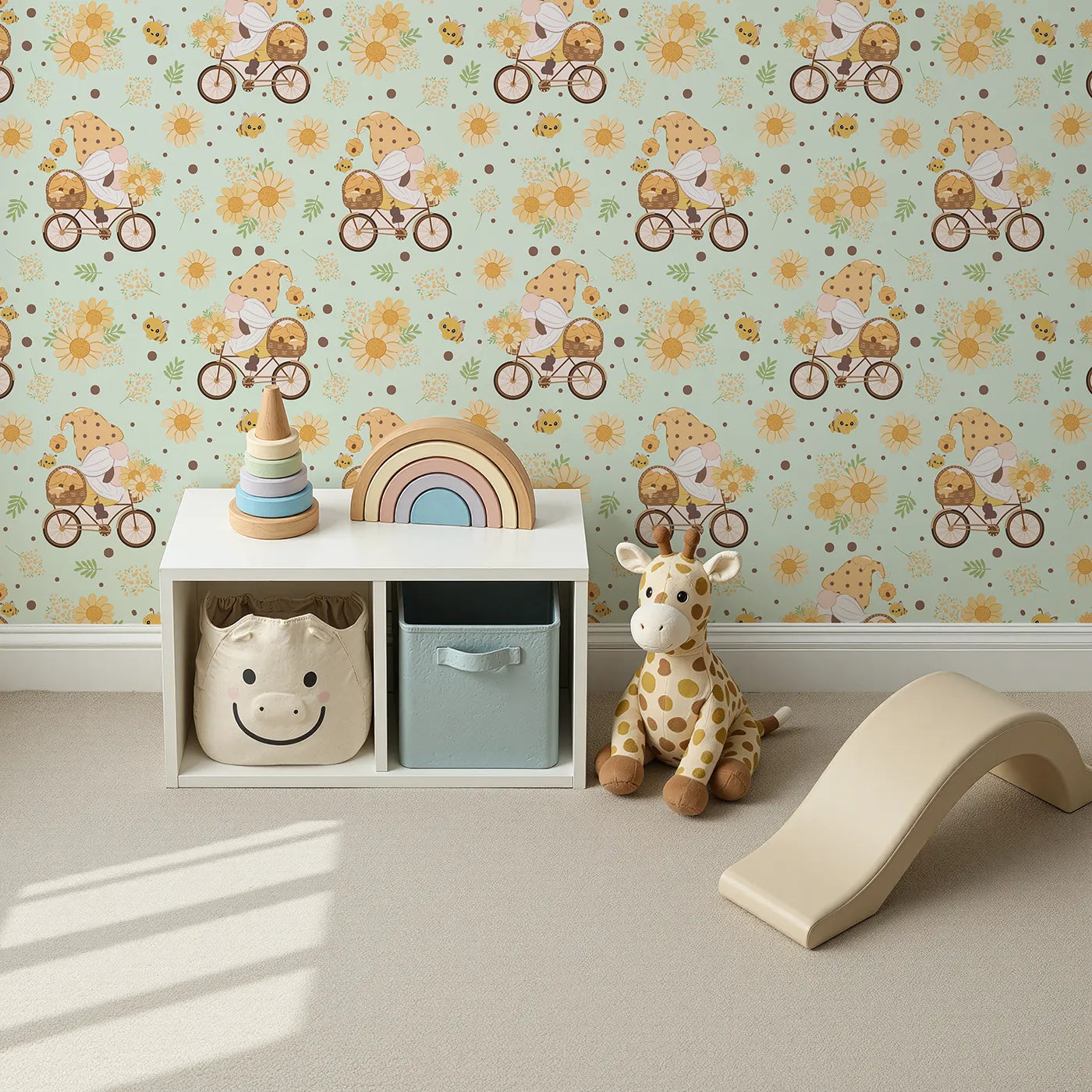 Top-Down view of Whimsy Tots' Honeybee Gnome Parade Wallpaper in Mint Meadow Green (W3097C).A happy gnome cruises through minty meadows with bees, blossoms, and buckets of honey.