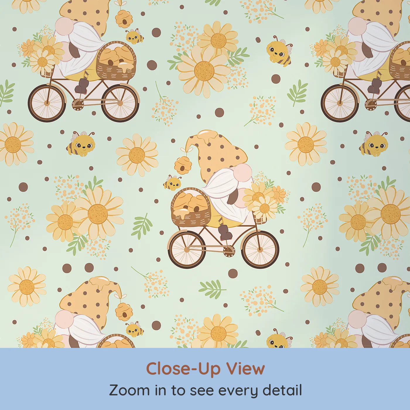 Close-up view of Whimsy Tots' Honeybee Gnome Parade Wallpaper in Mint Meadow Green (W3097C).A happy gnome cruises through minty meadows with bees, blossoms, and buckets of honey.