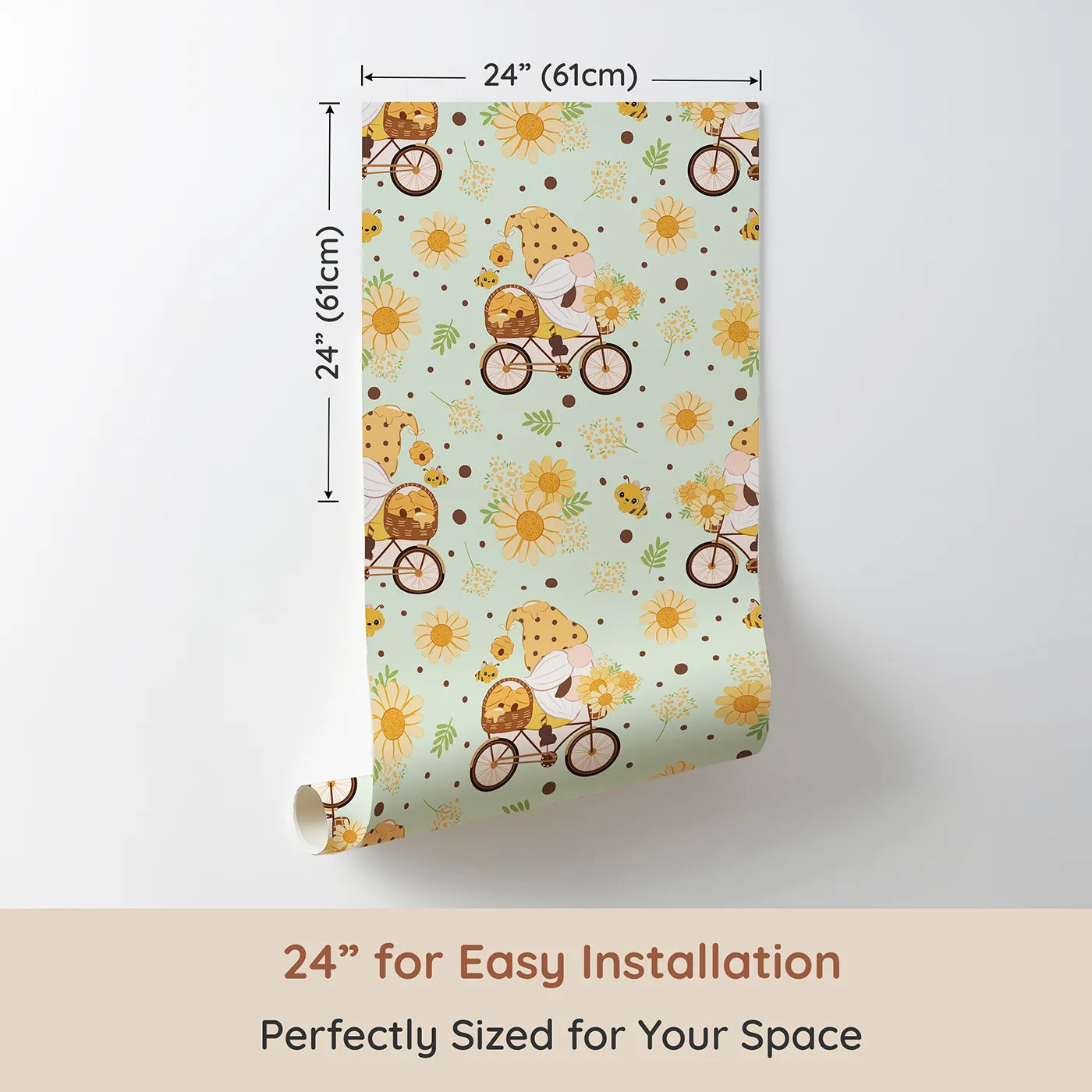 Dimension view of Whimsy Tots Honeybee Gnome Parade Wallpaper in Mint Meadow Green (W3097C). Printed in 24-inch-wide panel for easy installation. A happy gnome cruises through minty meadows with bees, blossoms, and buckets of honey.