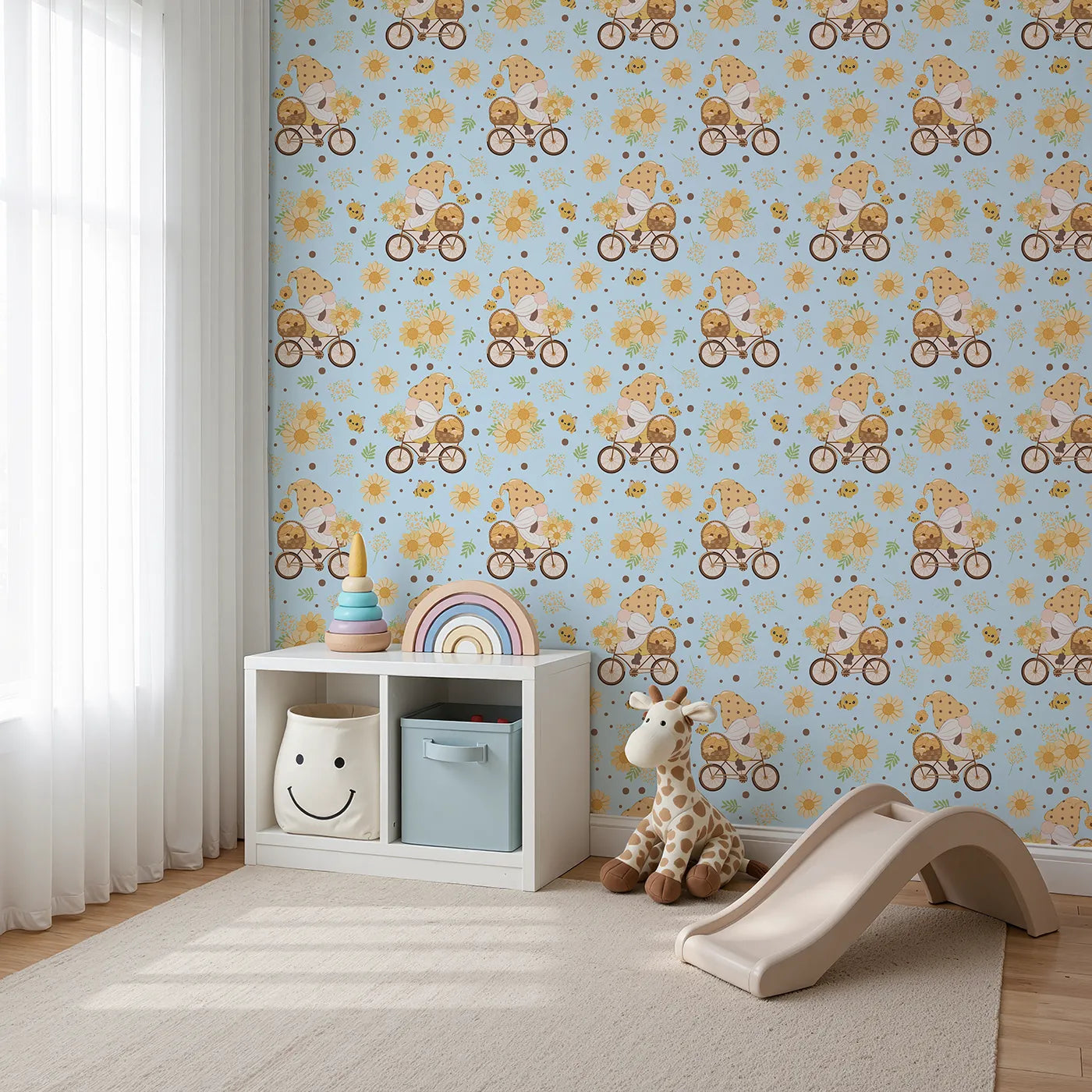 Angled view of Whimsy Tots' Honeybee Gnome Parade Wallpaper in Sky Blue (W3097D).A cheerful gnome pedals under blue skies with happy bees and sunny blossoms.