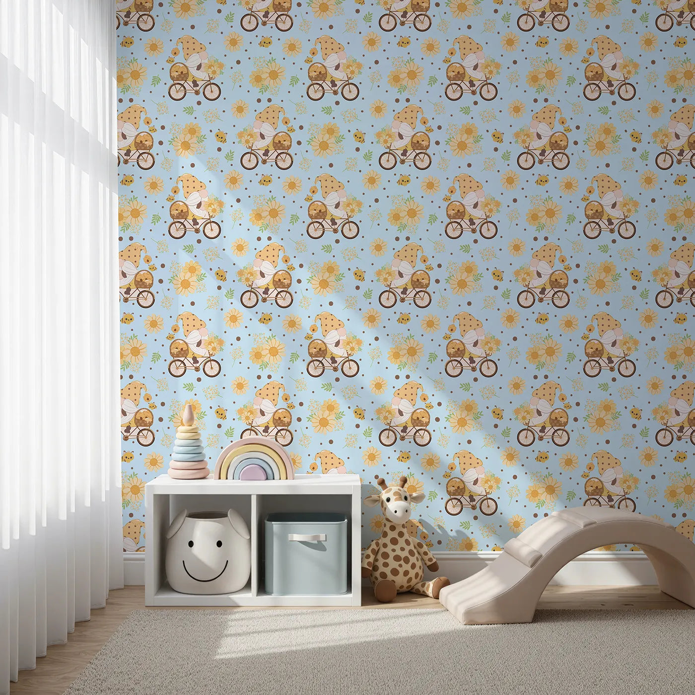 Front view of Whimsy Tots' Honeybee Gnome Parade Wallpaper in Sky Blue