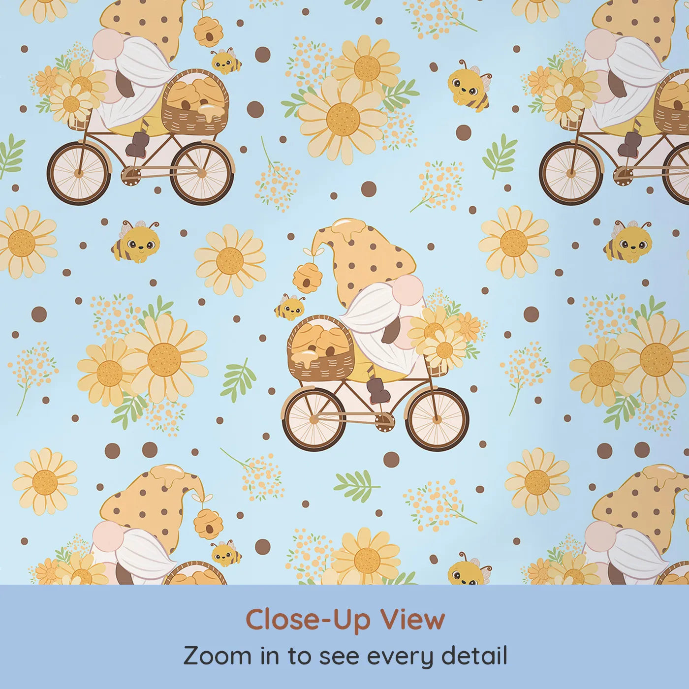 Close-up view of Whimsy Tots' Honeybee Gnome Parade Wallpaper in Sky Blue (W3097D).A cheerful gnome pedals under blue skies with happy bees and sunny blossoms.