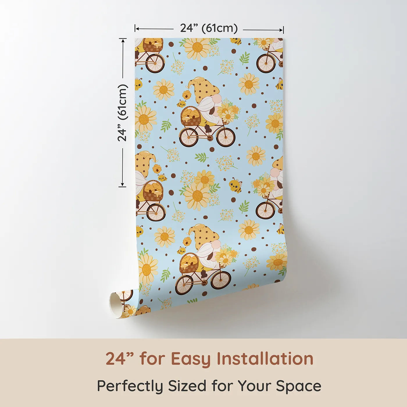 Dimension view of Whimsy Tots Honeybee Gnome Parade Wallpaper in Sky Blue (W3097D). Printed in 24-inch-wide panel for easy installation. A cheerful gnome pedals under blue skies with happy bees and sunny blossoms.