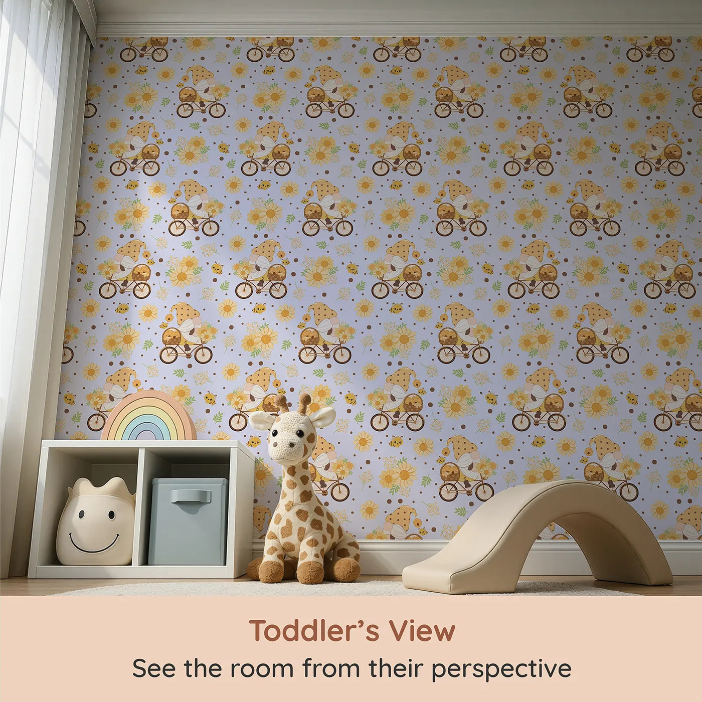 Whimsy Tots Honeybee Gnome Parade Wallpaper in Lavender Breeze (W3097E) from your child's view.A peaceful gnome rides through soft florals and happy bees beneath lavender skies.