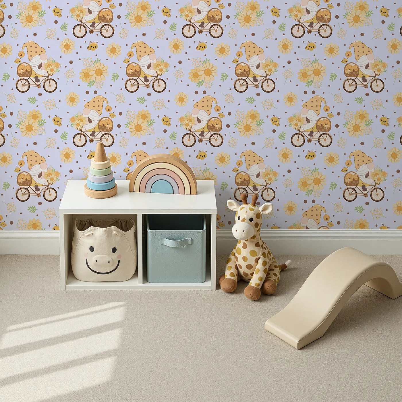 Top-Down view of Whimsy Tots' Honeybee Gnome Parade Wallpaper in Lavender Breeze (W3097E).A peaceful gnome rides through soft florals and happy bees beneath lavender skies.