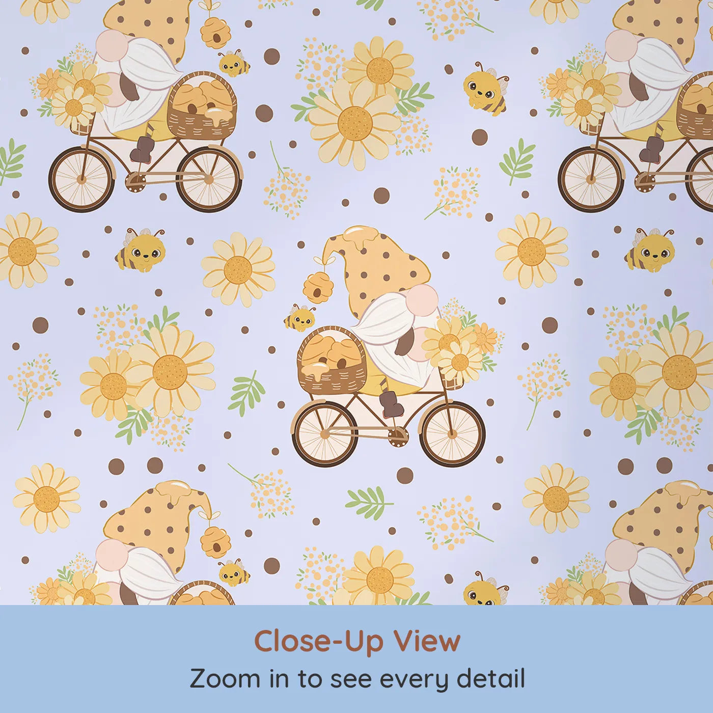 Close-up view of Whimsy Tots' Honeybee Gnome Parade Wallpaper in Lavender Breeze (W3097E).A peaceful gnome rides through soft florals and happy bees beneath lavender skies.