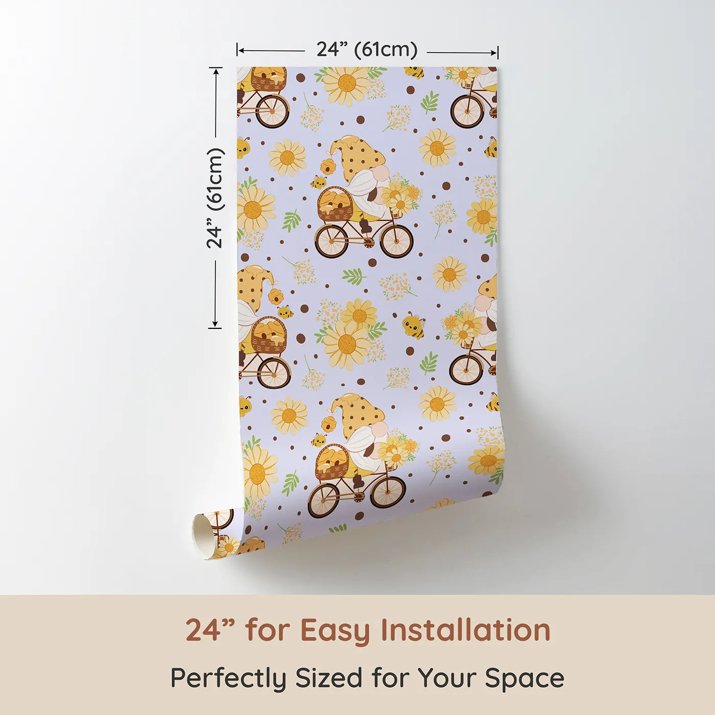 Dimension view of Whimsy Tots Honeybee Gnome Parade Wallpaper in Lavender Breeze (W3097E). Printed in 24-inch-wide panel for easy installation. A peaceful gnome rides through soft florals and happy bees beneath lavender skies.