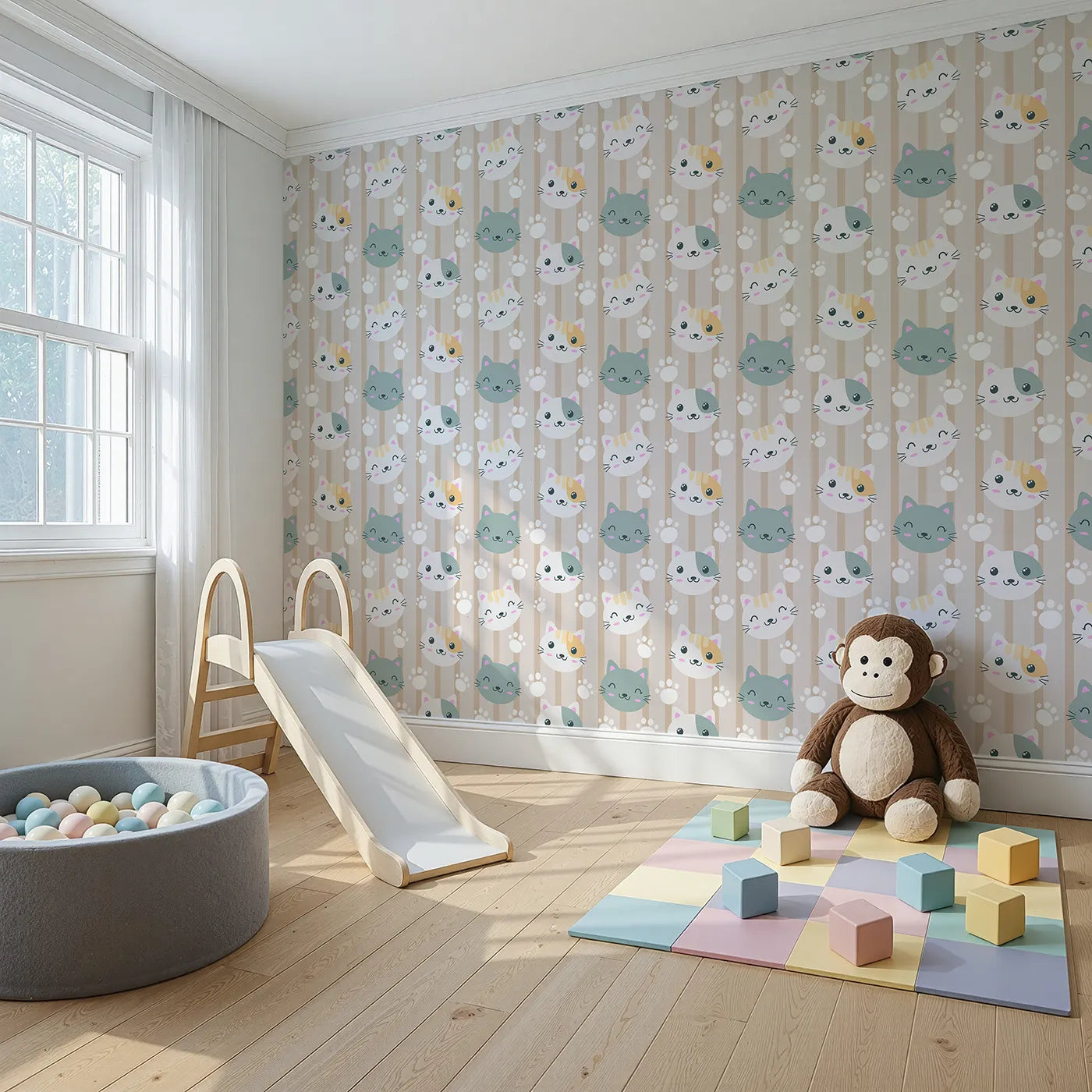 Angled view of Whimsy Tots' Pawprint Kitty Parade Wallpaper in Oatmilk Beige (W3098A).Smiley kittens and playful pawprints fill this warm striped wonderland.