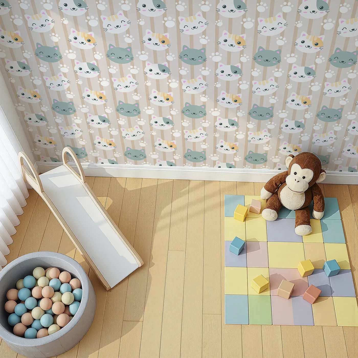 Top-Down view of Whimsy Tots' Pawprint Kitty Parade Wallpaper in Oatmilk Beige (W3098A).Smiley kittens and playful pawprints fill this warm striped wonderland.