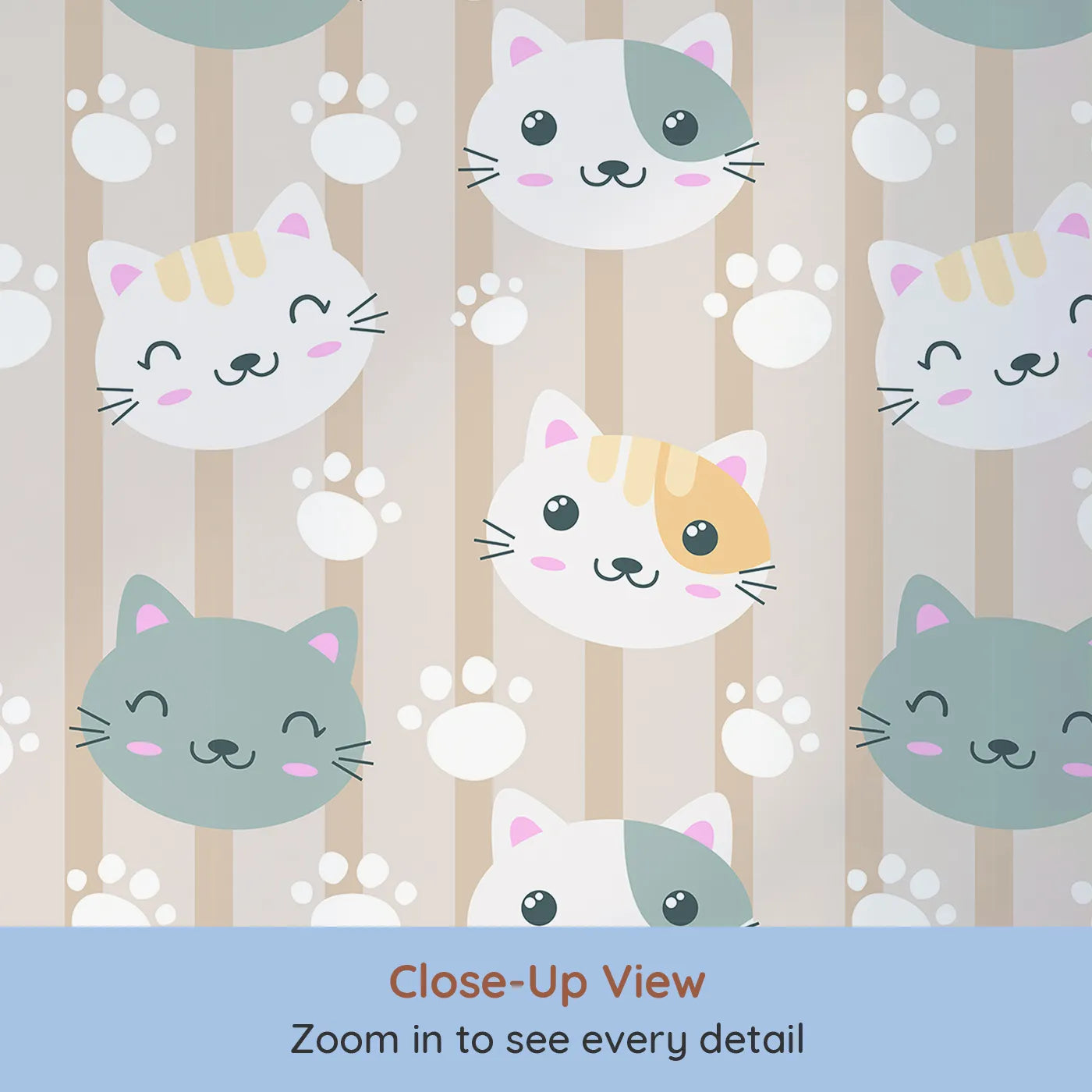 Close-up view of Whimsy Tots' Pawprint Kitty Parade Wallpaper in Oatmilk Beige (W3098A).Smiley kittens and playful pawprints fill this warm striped wonderland.