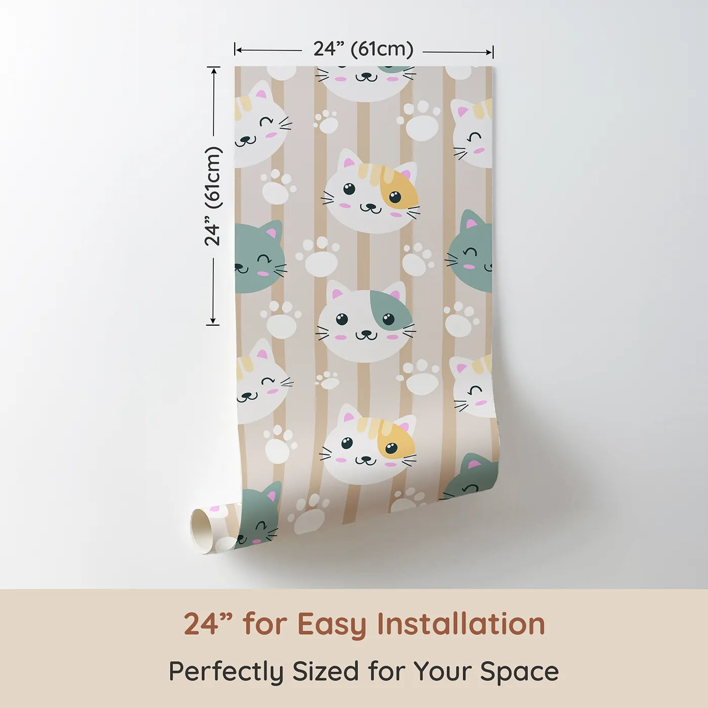 Dimension view of Whimsy Tots Pawprint Kitty Parade Wallpaper in Oatmilk Beige (W3098A). Printed in 24-inch-wide panel for easy installation. Smiley kittens and playful pawprints fill this warm striped wonderland.