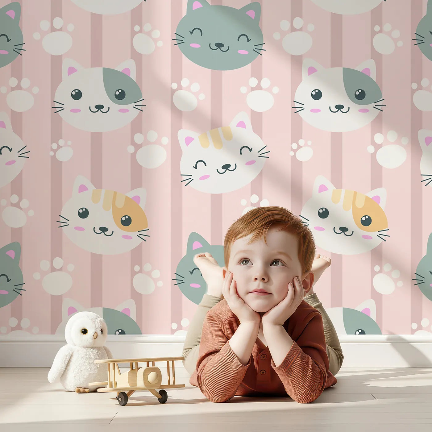 Lovely child standing in front of Whimsy Tots Pawprint Kitty Parade Wallpaper in Blush Pink with cat, pawprint, stripe in design.