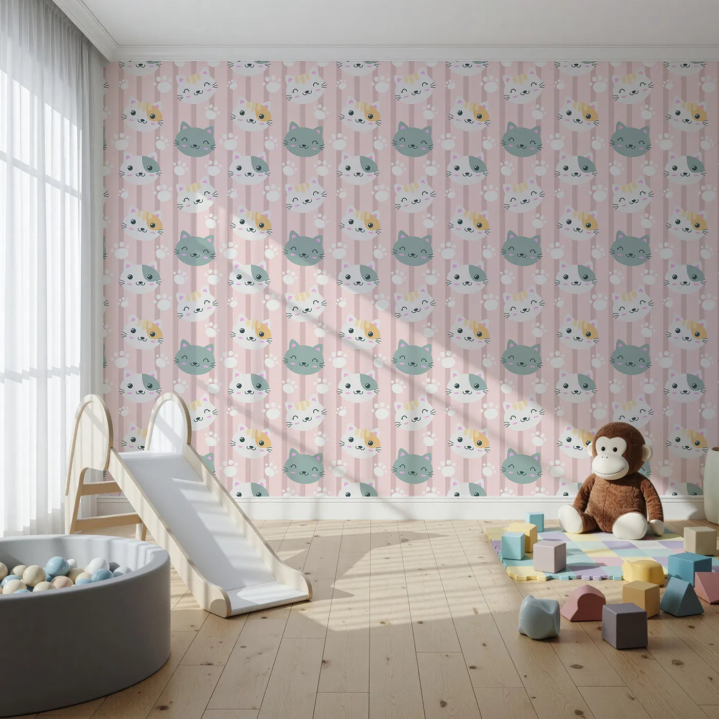 Front view of Whimsy Tots' Pawprint Kitty Parade Wallpaper in Blush Pink