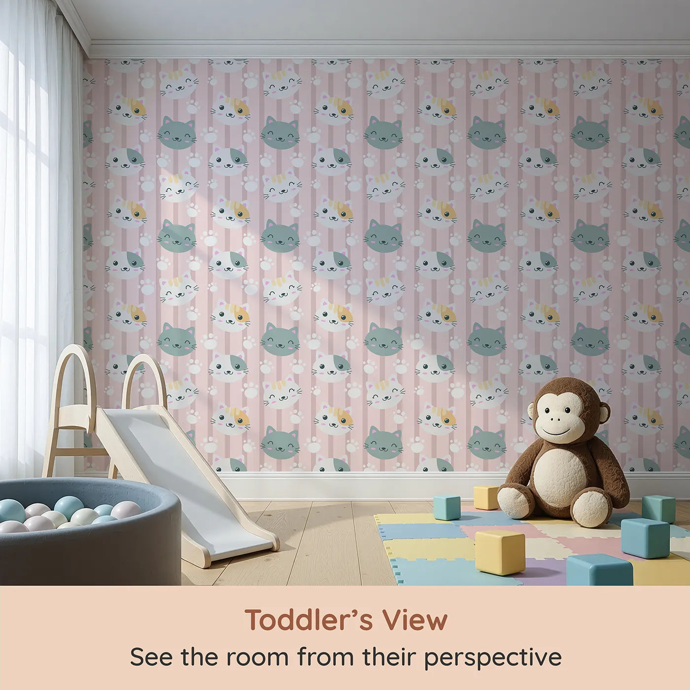 Whimsy Tots Pawprint Kitty Parade Wallpaper in Blush Pink (W3098B) from your child's view.Happy kitten faces and soft pawprints prance across a rosy striped field.