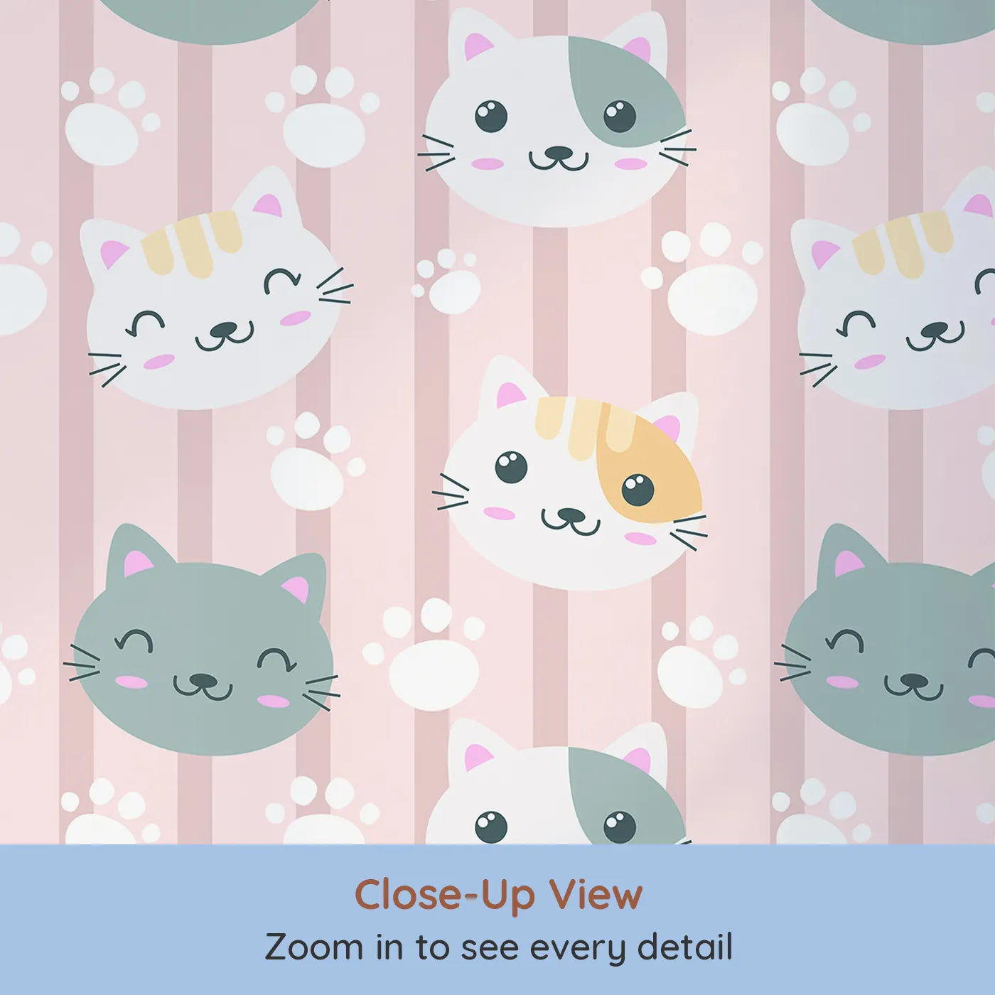Close-up view of Whimsy Tots' Pawprint Kitty Parade Wallpaper in Blush Pink (W3098B).Happy kitten faces and soft pawprints prance across a rosy striped field.