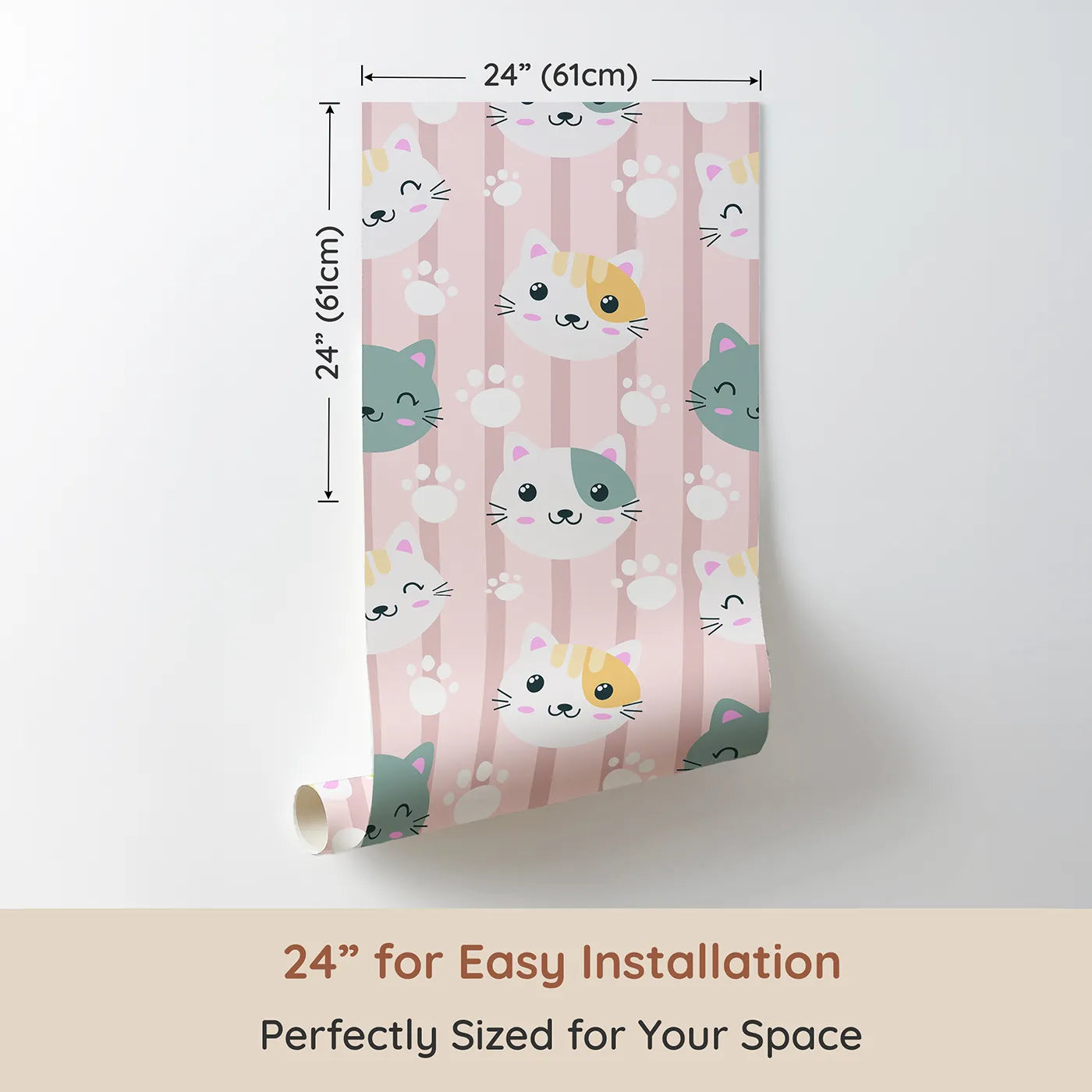 Dimension view of Whimsy Tots Pawprint Kitty Parade Wallpaper in Blush Pink (W3098B). Printed in 24-inch-wide panel for easy installation. Happy kitten faces and soft pawprints prance across a rosy striped field.