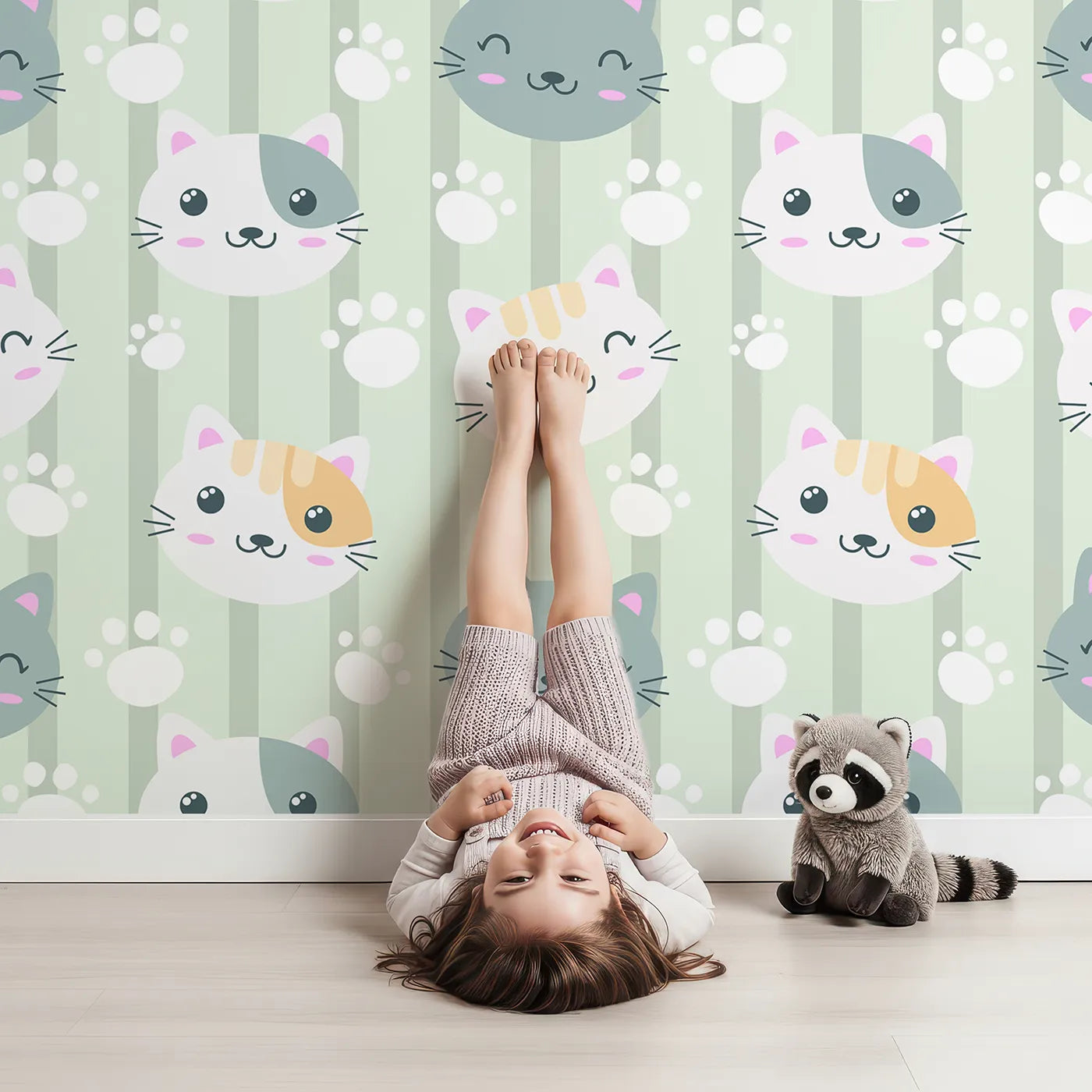 Lovely child standing in front of Whimsy Tots Pawprint Kitty Parade Wallpaper in Mint Green with cat, pawprint, stripe in design.