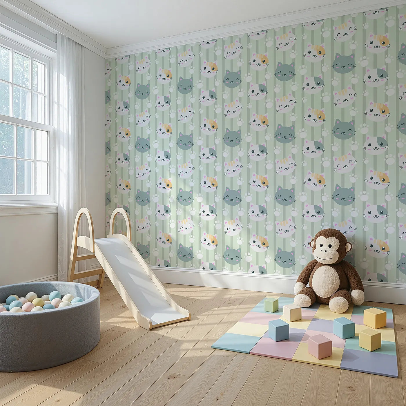 Angled view of Whimsy Tots' Pawprint Kitty Parade Wallpaper in Mint Green (W3098C).Gentle green stripes and sweet kitty smiles make this a purr-fectly peaceful pattern.