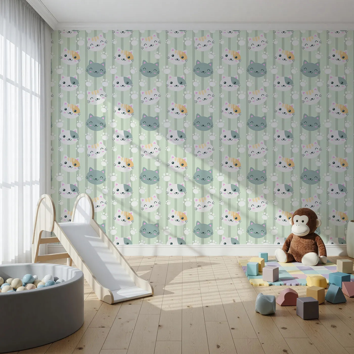 Front view of Whimsy Tots' Pawprint Kitty Parade Wallpaper in Mint Green