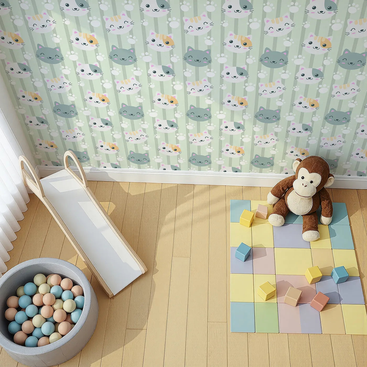 Top-Down view of Whimsy Tots' Pawprint Kitty Parade Wallpaper in Mint Green (W3098C).Gentle green stripes and sweet kitty smiles make this a purr-fectly peaceful pattern.