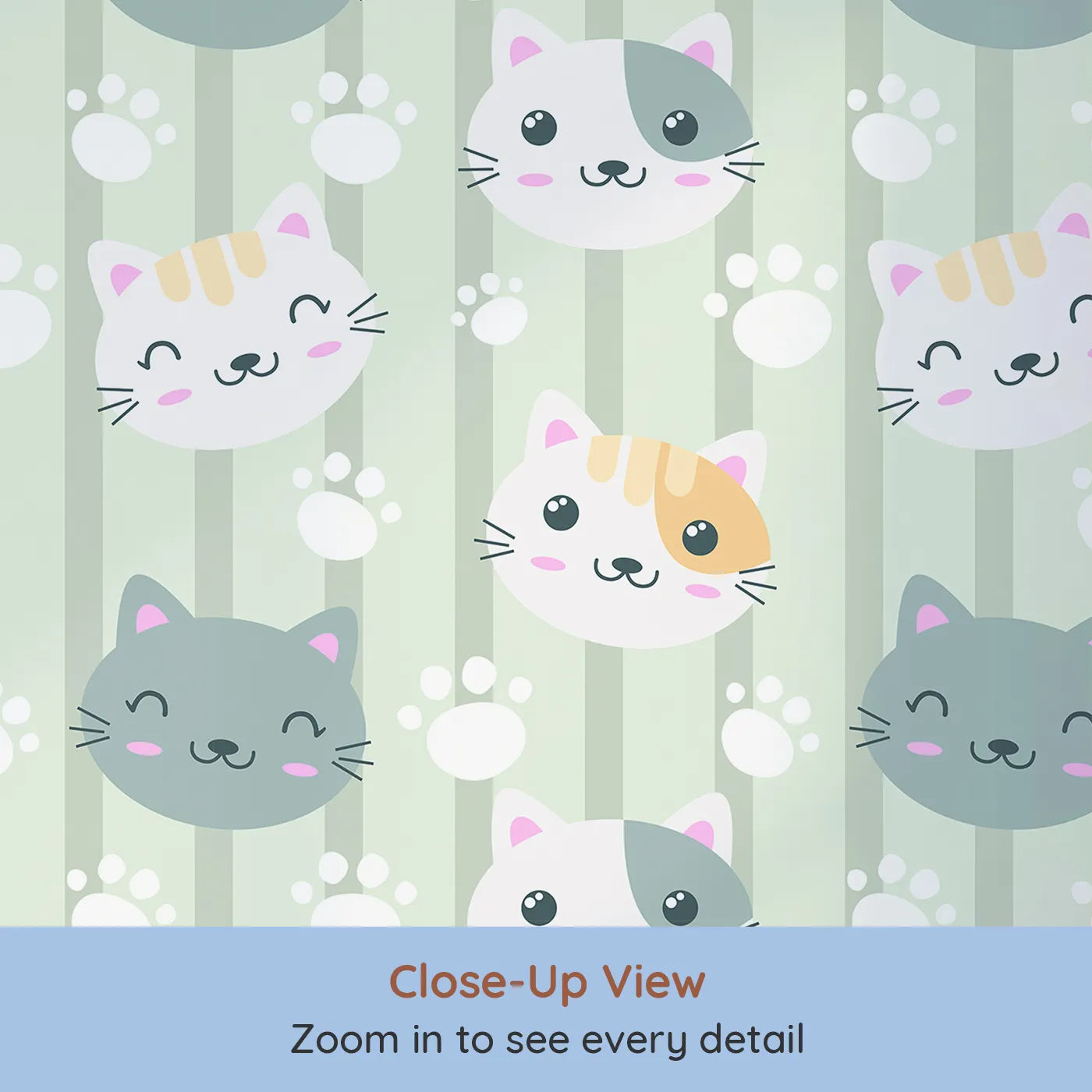 Close-up view of Whimsy Tots' Pawprint Kitty Parade Wallpaper in Mint Green (W3098C).Gentle green stripes and sweet kitty smiles make this a purr-fectly peaceful pattern.