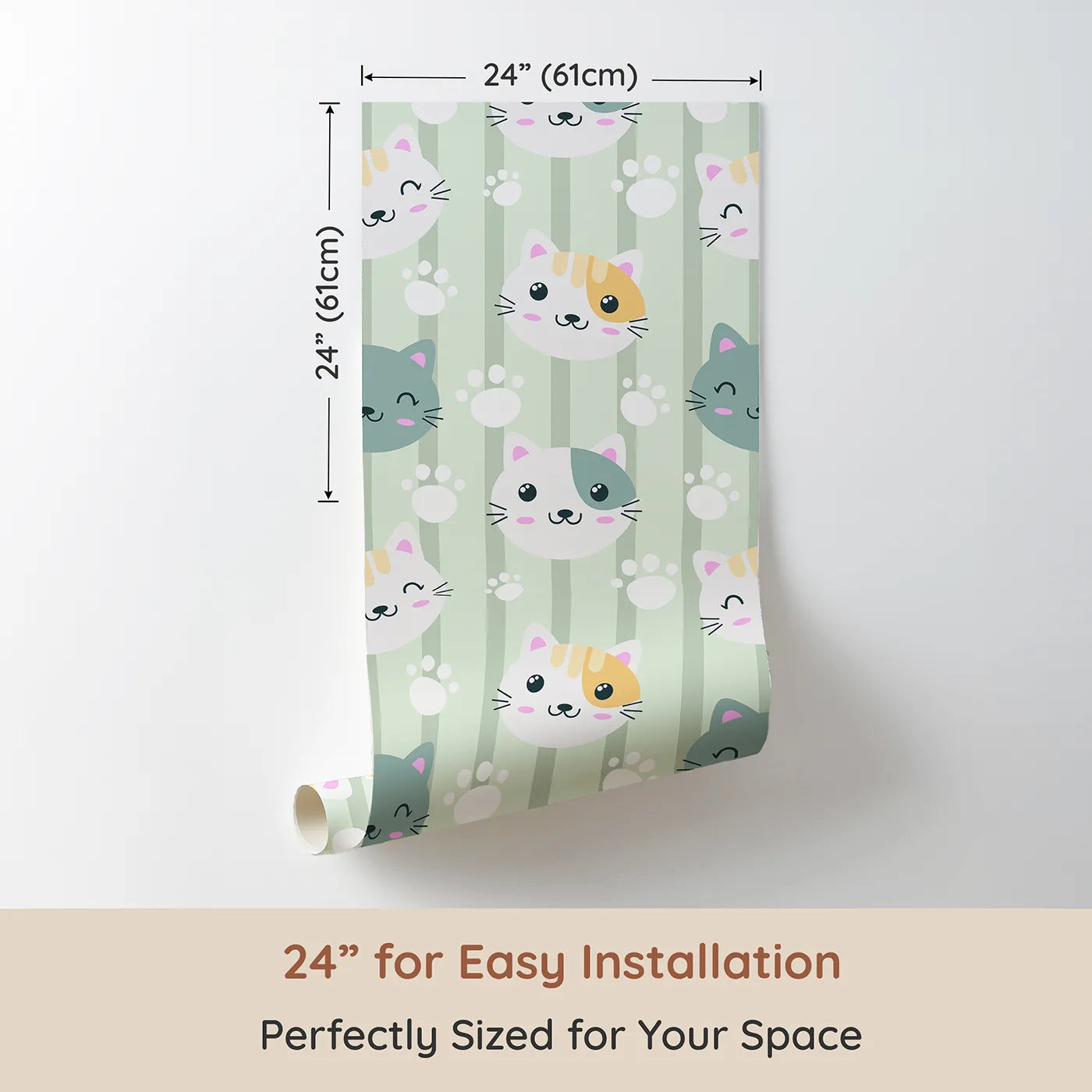 Dimension view of Whimsy Tots Pawprint Kitty Parade Wallpaper in Mint Green (W3098C). Printed in 24-inch-wide panel for easy installation. Gentle green stripes and sweet kitty smiles make this a purr-fectly peaceful pattern.