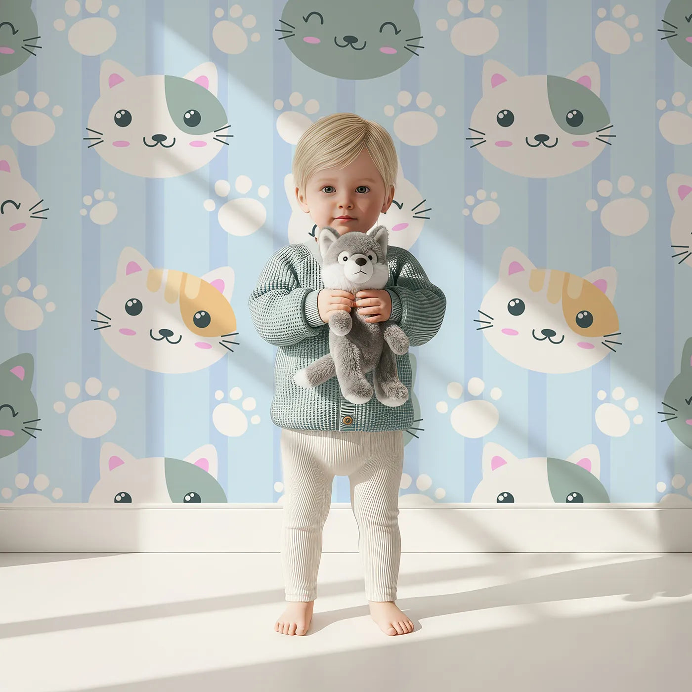 Lovely child standing in front of Whimsy Tots Pawprint Kitty Parade Wallpaper in Baby Blue with cat, pawprint, stripe in design.