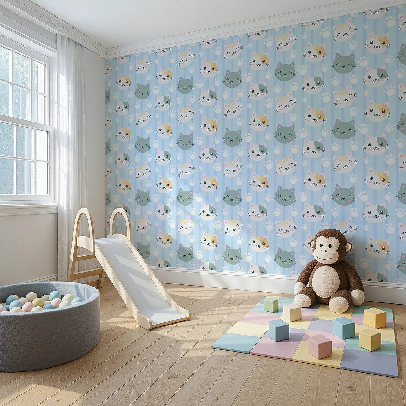Angled view of Whimsy Tots' Pawprint Kitty Parade Wallpaper in Baby Blue (W3098D).Smiley kittens and snowy pawprints bounce across soft blue stripes.