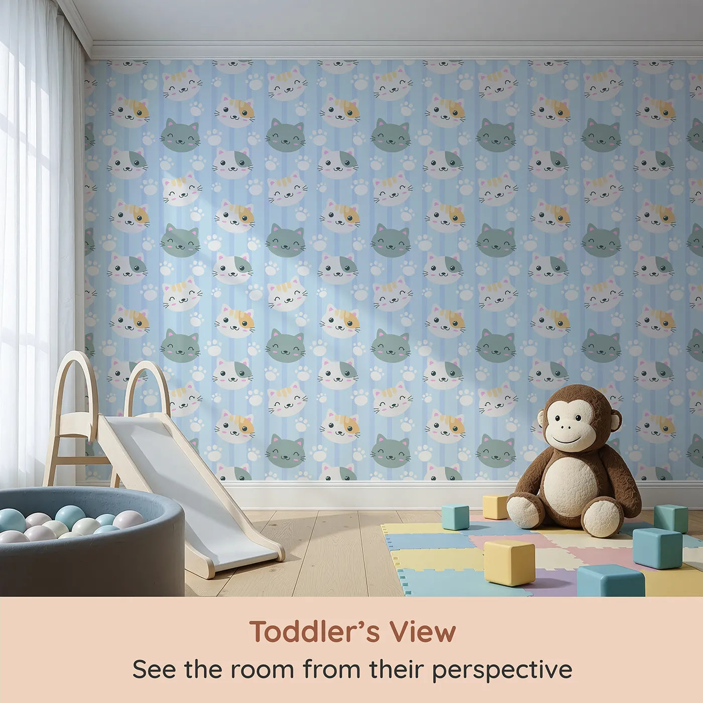 Whimsy Tots Pawprint Kitty Parade Wallpaper in Baby Blue (W3098D) from your child's view.Smiley kittens and snowy pawprints bounce across soft blue stripes.