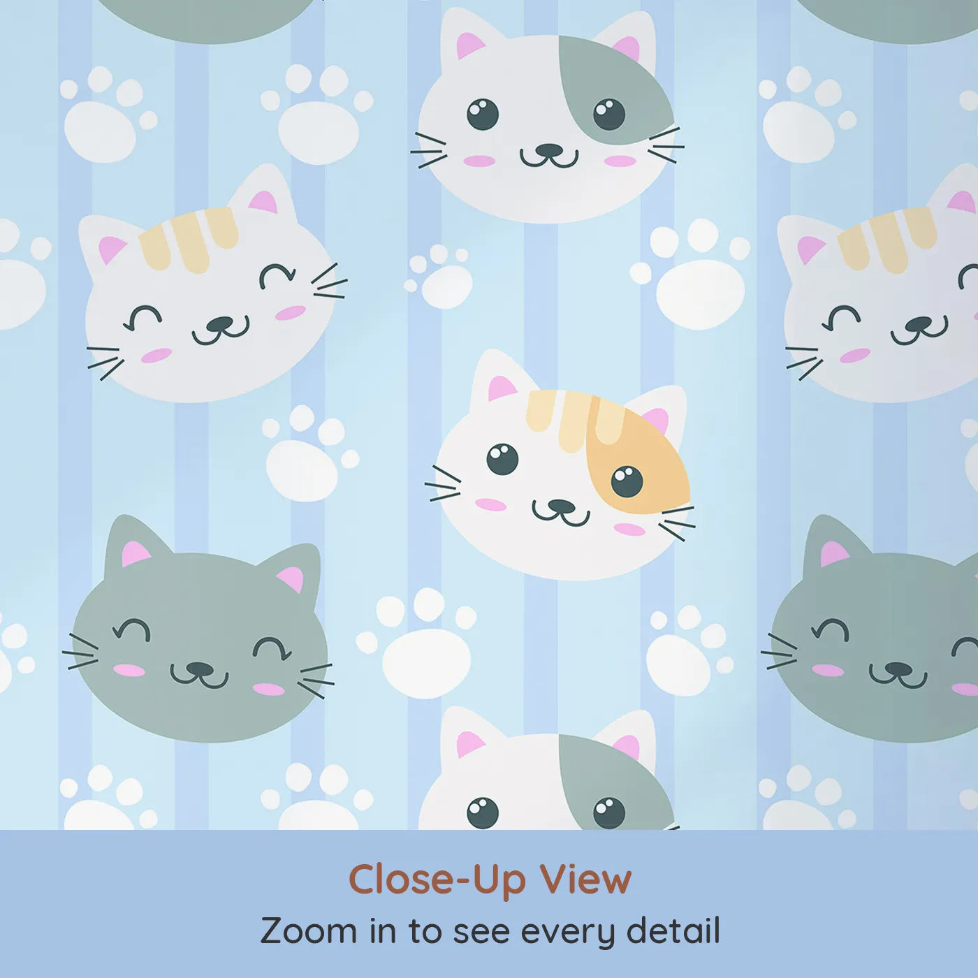 Close-up view of Whimsy Tots' Pawprint Kitty Parade Wallpaper in Baby Blue (W3098D).Smiley kittens and snowy pawprints bounce across soft blue stripes.