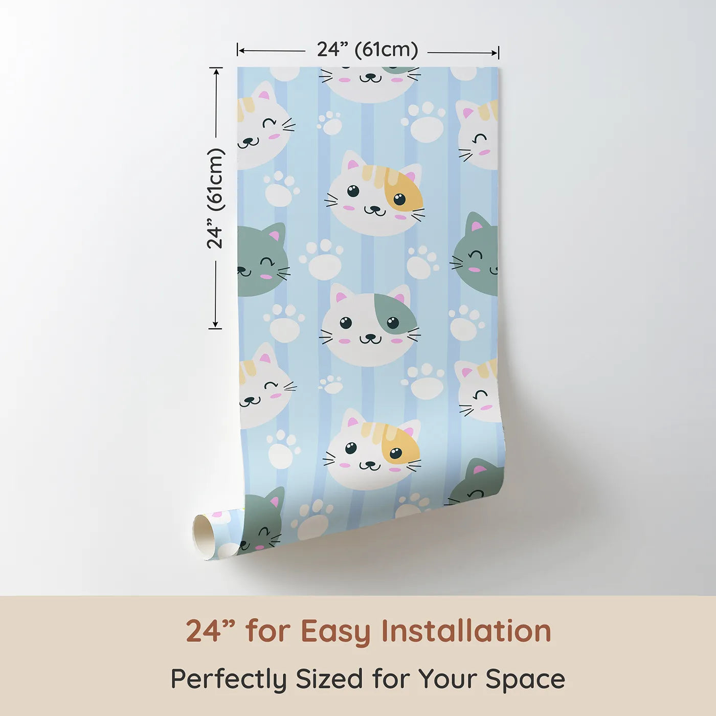 Dimension view of Whimsy Tots Pawprint Kitty Parade Wallpaper in Baby Blue (W3098D). Printed in 24-inch-wide panel for easy installation. Smiley kittens and snowy pawprints bounce across soft blue stripes.