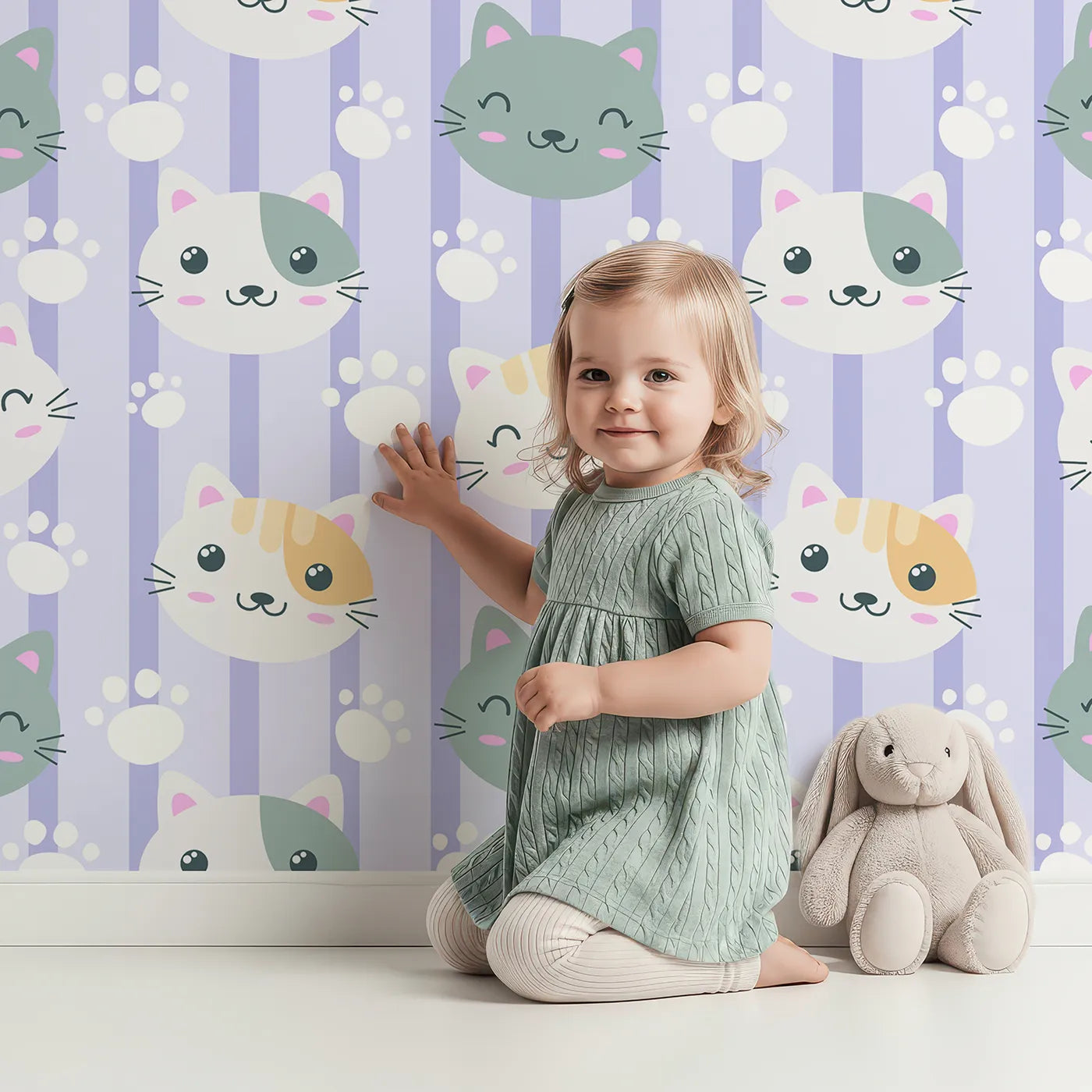 Lovely child standing in front of Whimsy Tots Pawprint Kitty Parade Wallpaper in Lavender Mist with cat, pawprint, stripe in design.