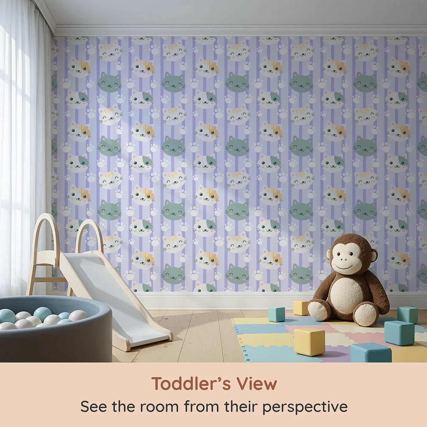 Whimsy Tots Pawprint Kitty Parade Wallpaper in Lavender Mist (W3098E) from your child's view.Gentle lavender stripes and purring kitty faces bring dreamy charm to every wall.