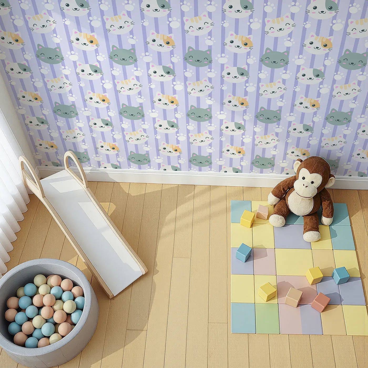 Top-Down view of Whimsy Tots' Pawprint Kitty Parade Wallpaper in Lavender Mist (W3098E).Gentle lavender stripes and purring kitty faces bring dreamy charm to every wall.