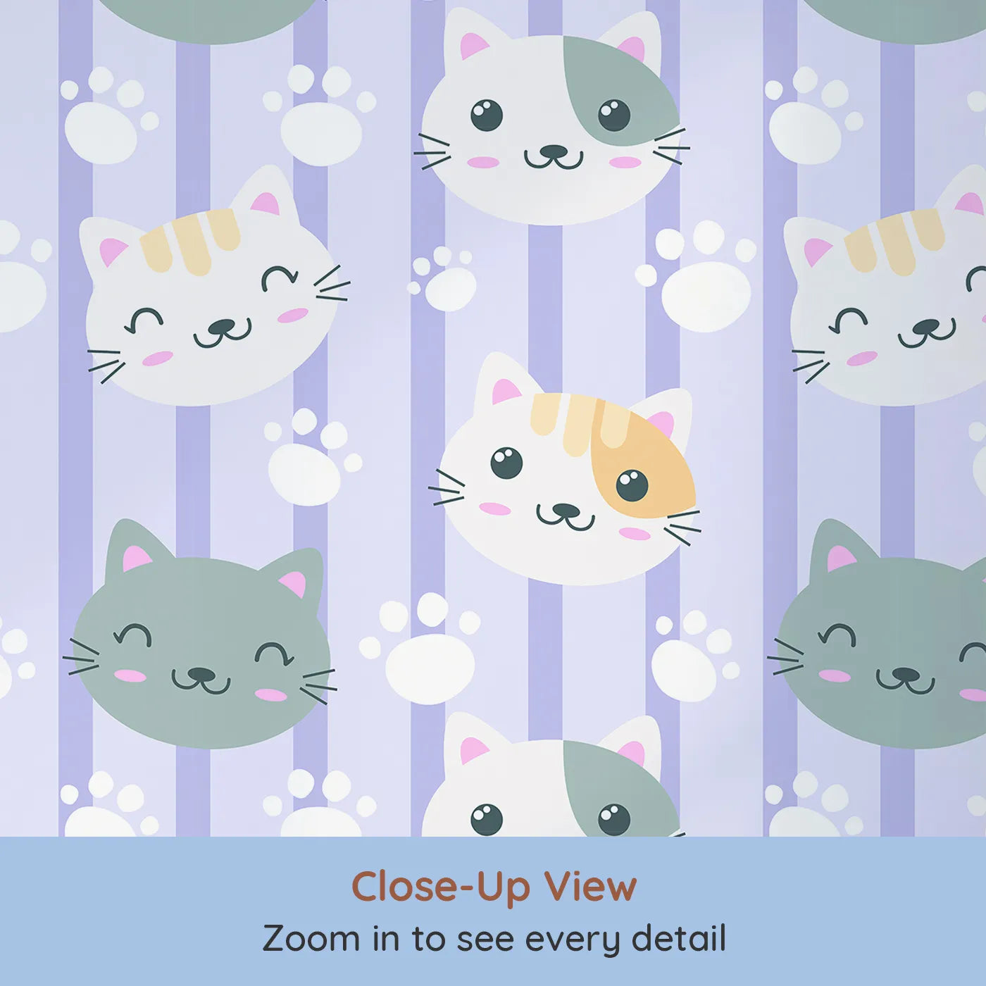 Close-up view of Whimsy Tots' Pawprint Kitty Parade Wallpaper in Lavender Mist (W3098E).Gentle lavender stripes and purring kitty faces bring dreamy charm to every wall.