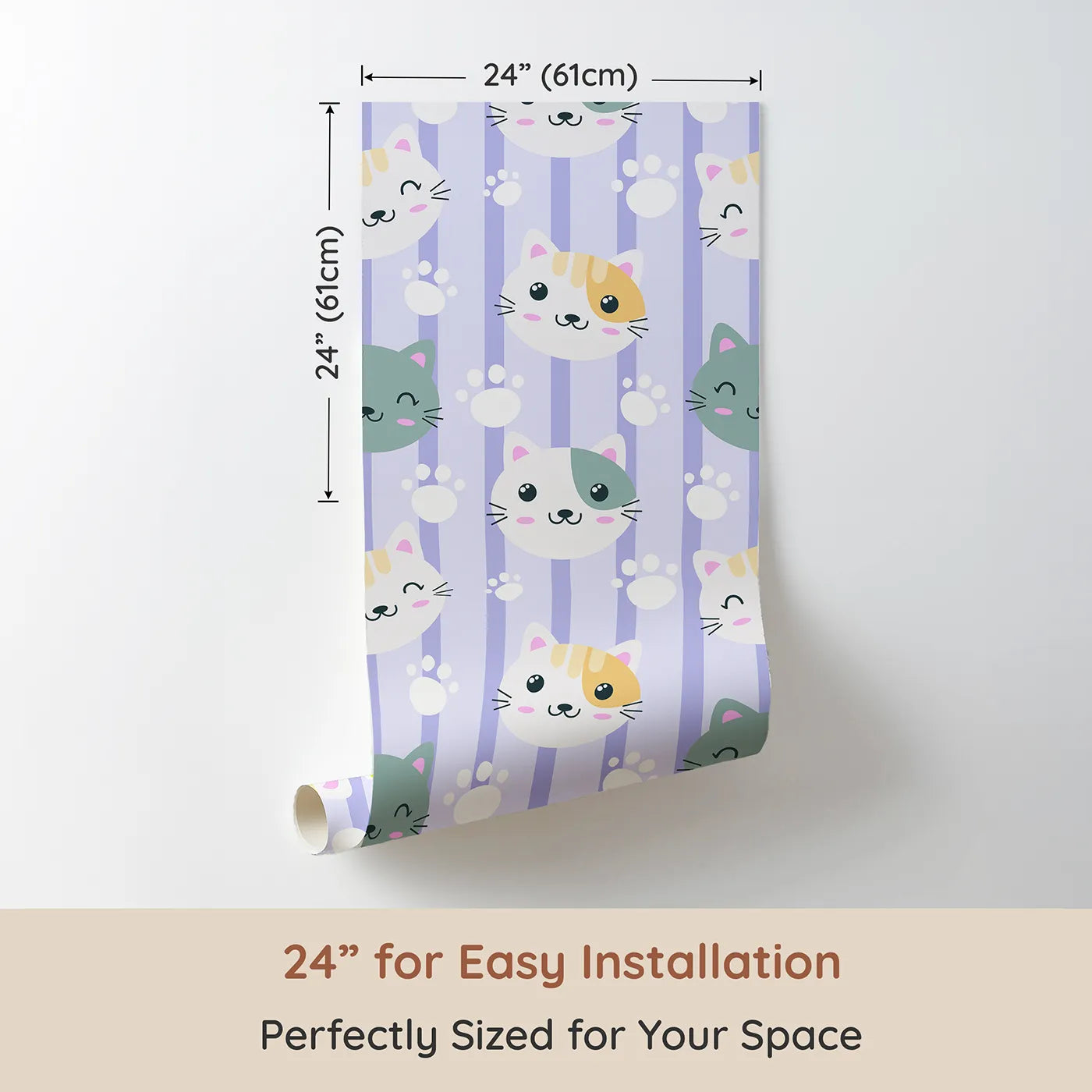 Dimension view of Whimsy Tots Pawprint Kitty Parade Wallpaper in Lavender Mist (W3098E). Printed in 24-inch-wide panel for easy installation. Gentle lavender stripes and purring kitty faces bring dreamy charm to every wall.