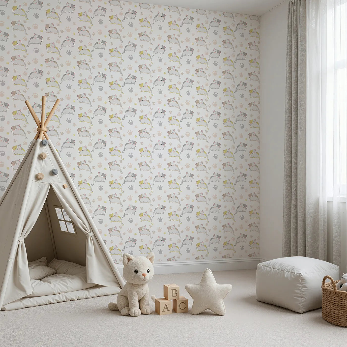 Angled view of Whimsy Tots' Cozy Pawstep Kittens Wallpaper in White (W3099A).Sleepy kittens and soft pawprints tip-toe across white.