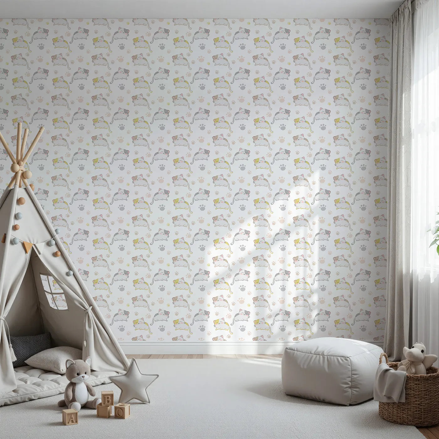 Front view of Whimsy Tots' Cozy Pawstep Kittens Wallpaper in White