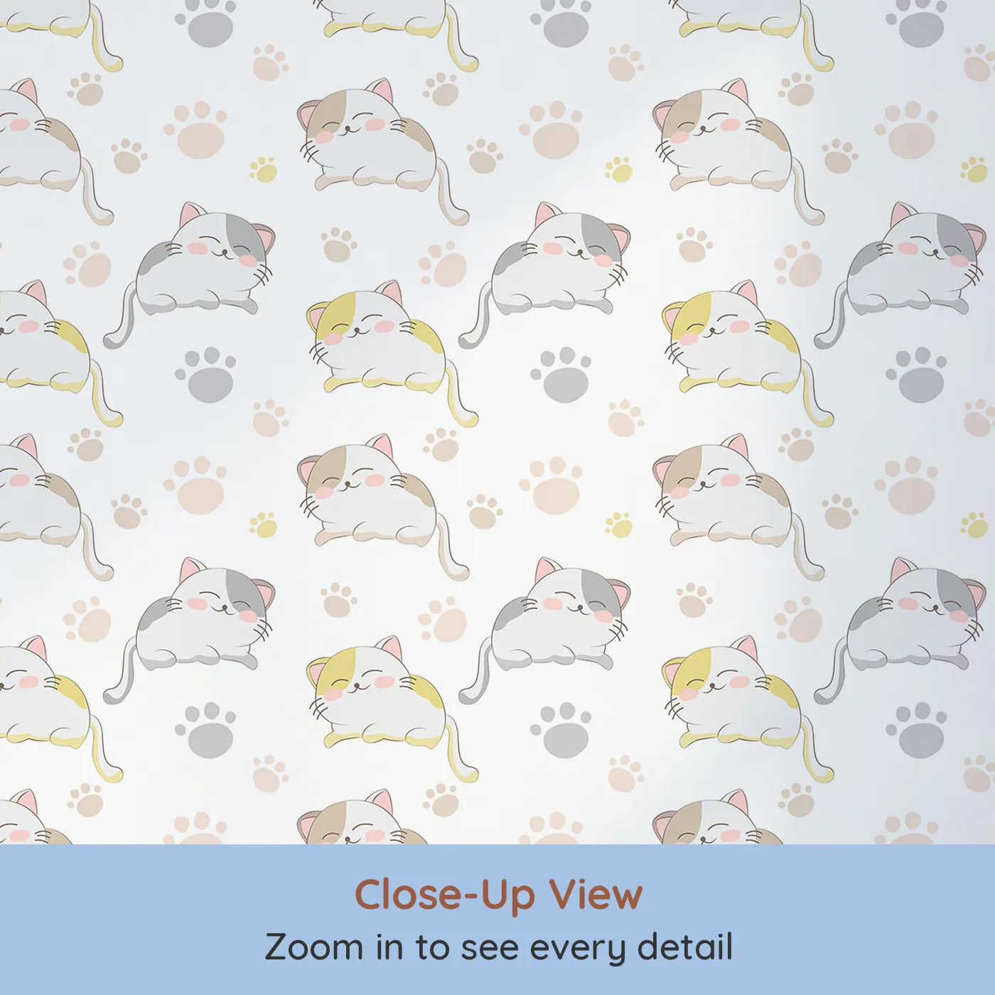 Close-up view of Whimsy Tots' Cozy Pawstep Kittens Wallpaper in White (W3099A).Sleepy kittens and soft pawprints tip-toe across white.