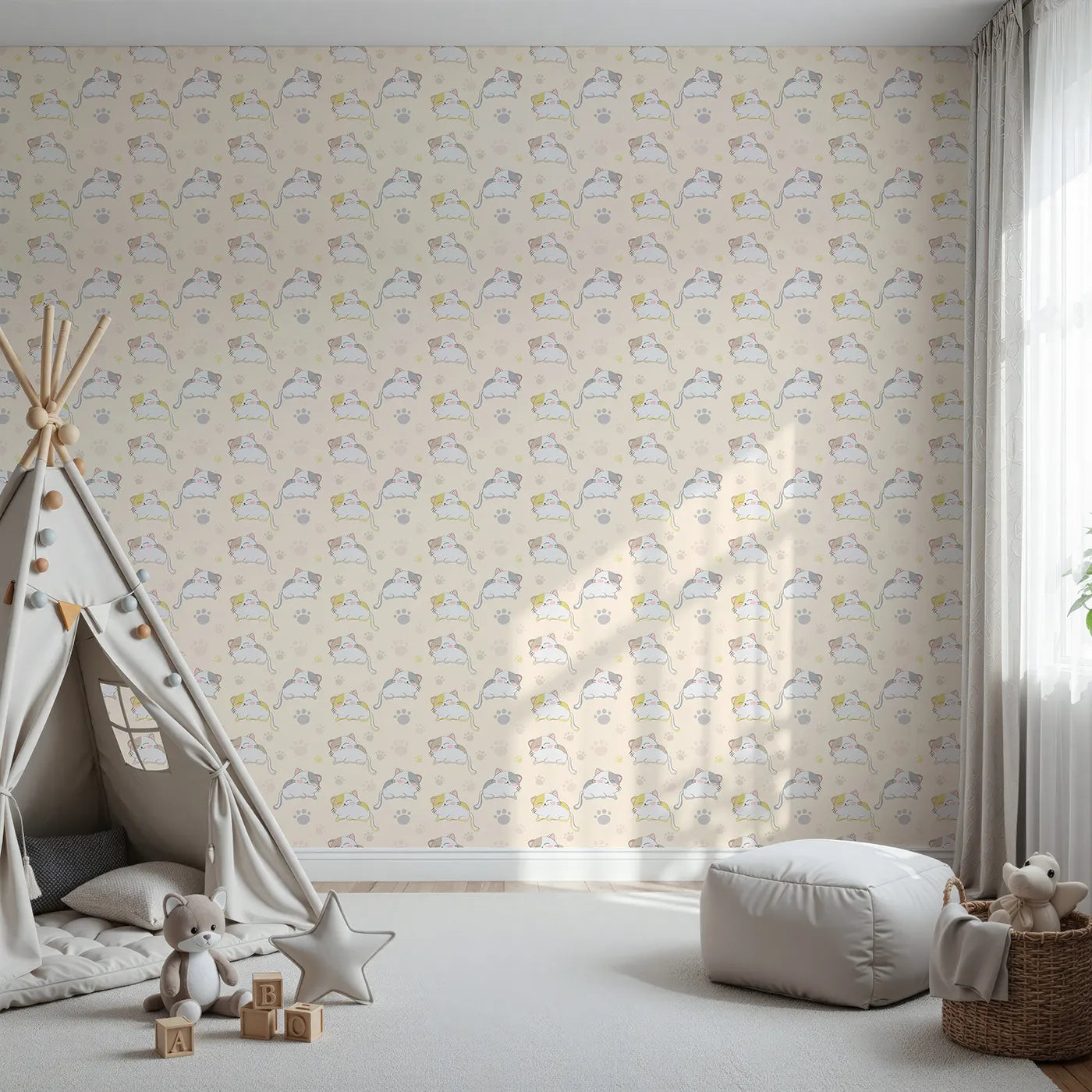 Front view of Whimsy Tots' Cozy Pawstep Kittens Wallpaper in Beige