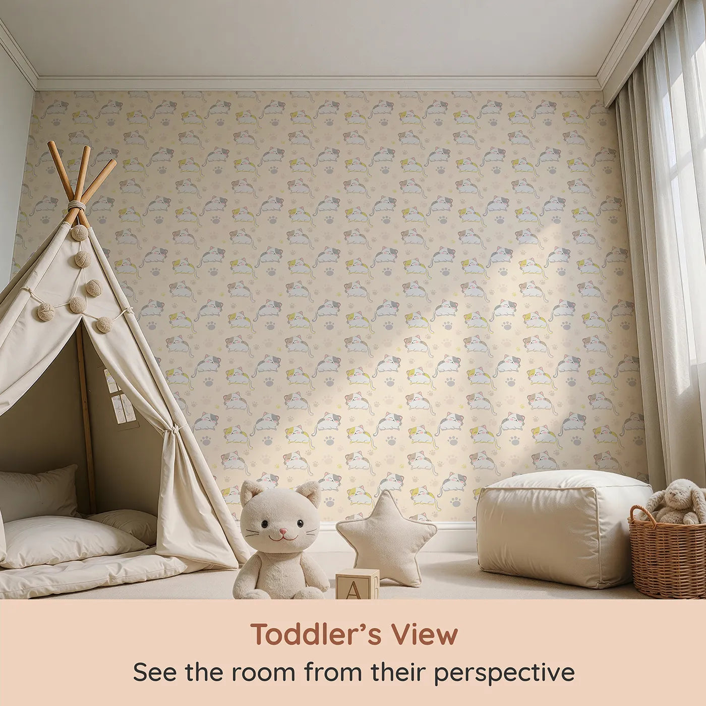 Whimsy Tots Cozy Pawstep Kittens Wallpaper in Beige (W3099B) from your child's view.Sleepy kittens and warm pawprints tip-toe across beige.