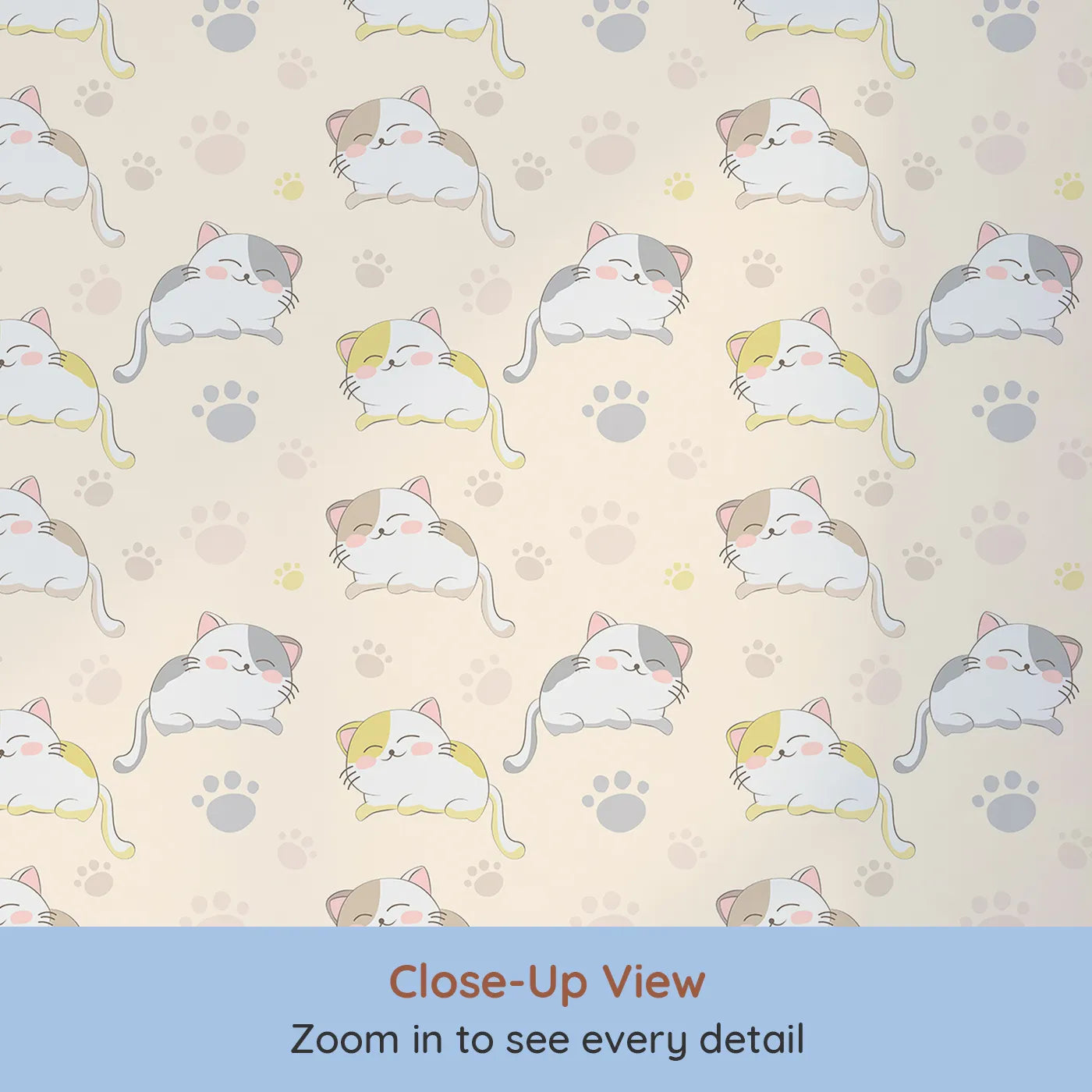 Close-up view of Whimsy Tots' Cozy Pawstep Kittens Wallpaper in Beige (W3099B).Sleepy kittens and warm pawprints tip-toe across beige.
