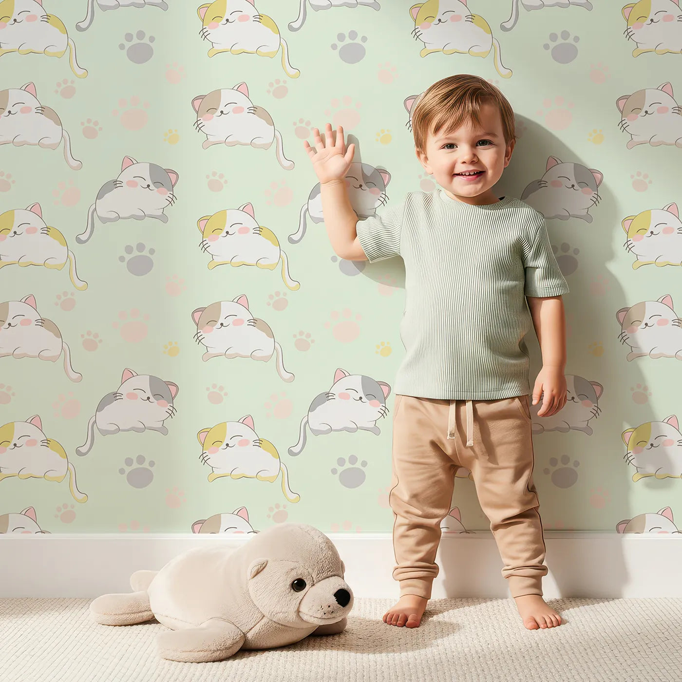 Lovely child standing in front of Whimsy Tots Cozy Pawstep Kittens Wallpaper in Mint Green with cat, kitten, pawprint, spot in design.