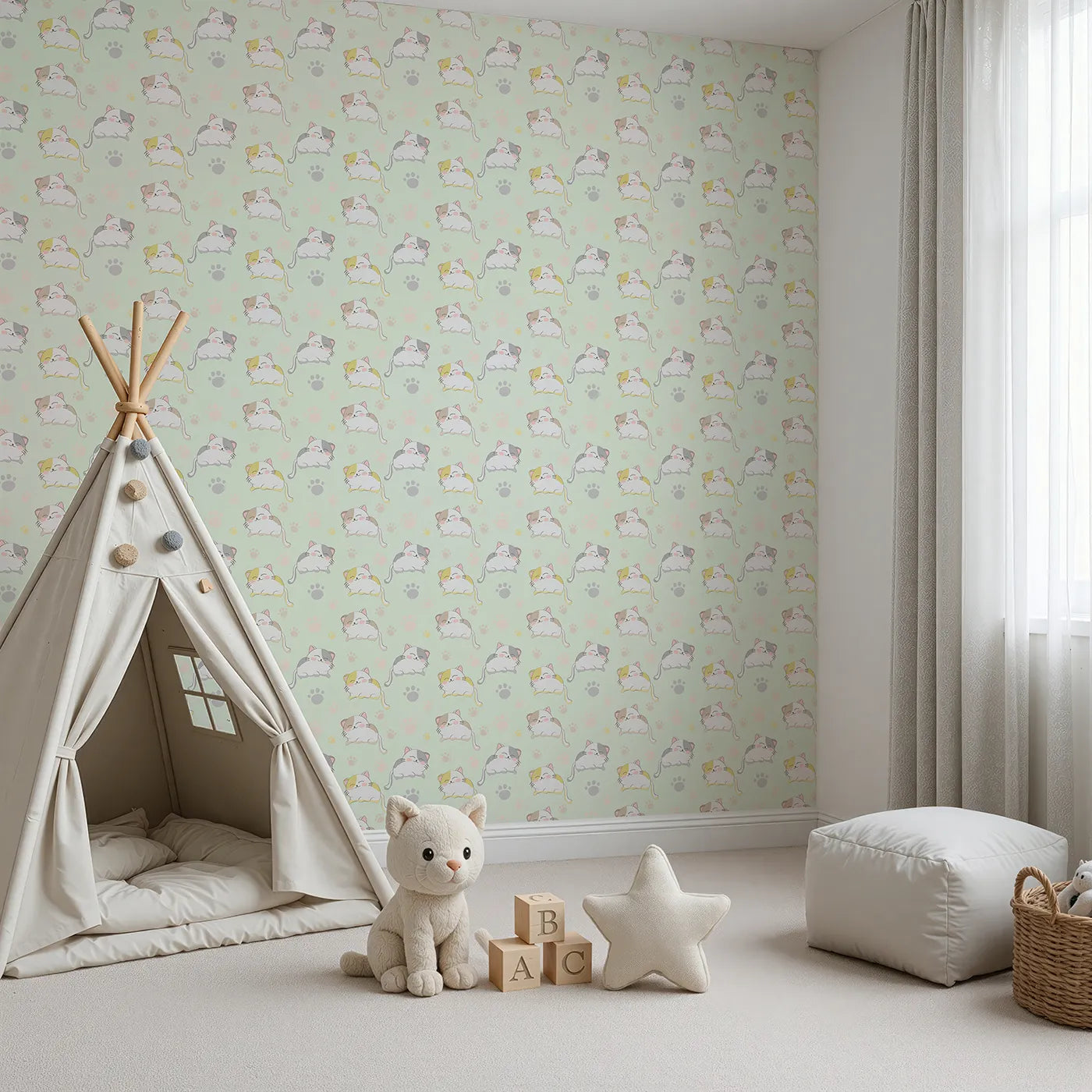 Angled view of Whimsy Tots' Cozy Pawstep Kittens Wallpaper in Mint Green (W3099C).Sleepy kittens and mint pawprints tip-toe across green.